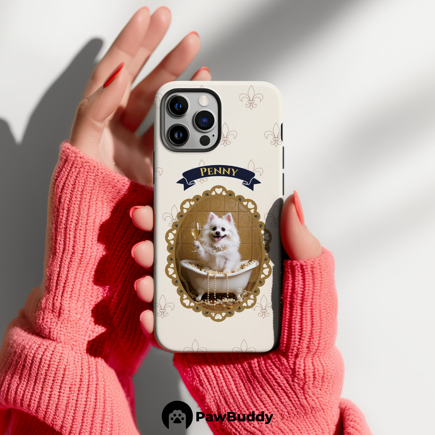 Custom Pet Phone Case for iPhone 11–17, Personalized Luxury Bathtub Gold Frame Design with Pearls and Champagne, Dual-Layer Shockproof PC+TPU Protective Cover with Glossy Wraparound Printing, Unique Gift for Pet Lovers