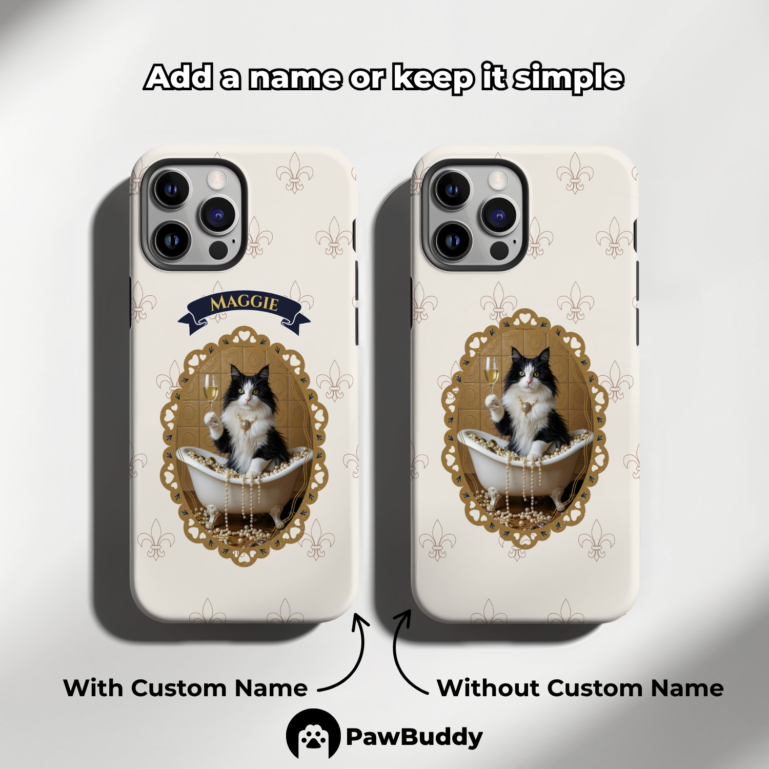 Custom Pet Phone Case for iPhone 11–17, Personalized Luxury Bathtub Gold Frame Design with Pearls and Champagne, Dual-Layer Shockproof PC+TPU Protective Cover with Glossy Wraparound Printing, Unique Gift for Pet Lovers