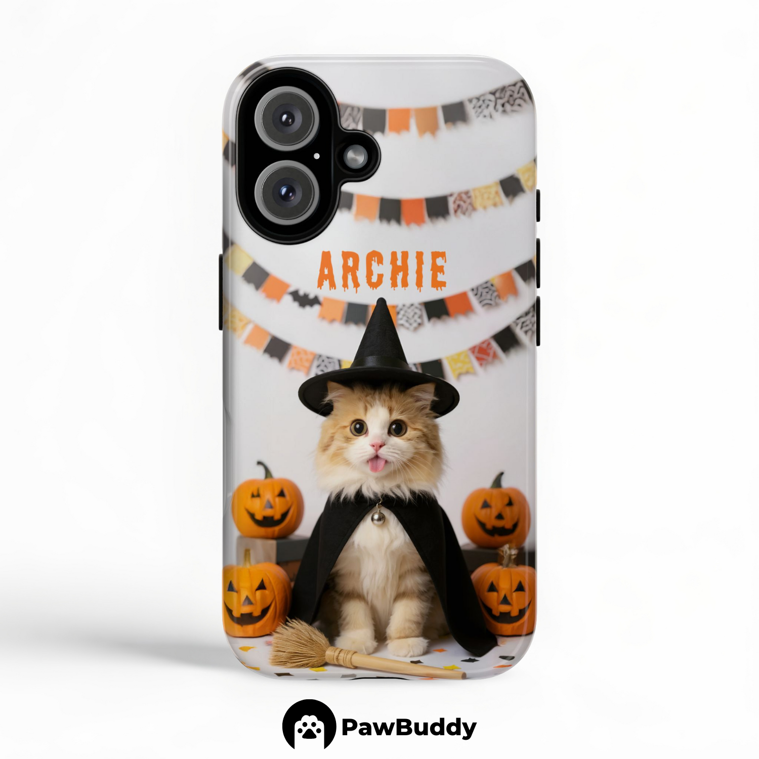 Custom Pet Phone Case for iPhone 11–17, Personalized Halloween Witch Studio Design with Pumpkins and Broom, Dual-Layer Shockproof PC+TPU Protective Cover with Glossy Wraparound Printing, Unique Gift for Pet Lovers