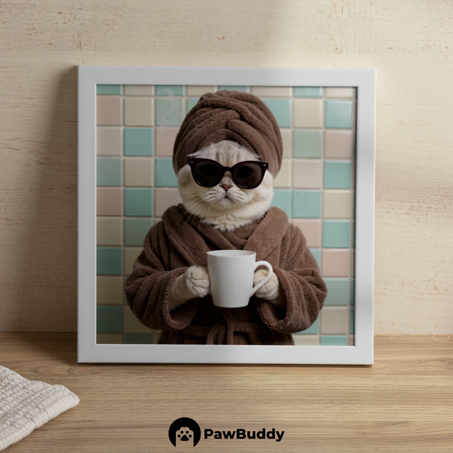 Custom Pet Poster Cozy Spa Day Portrait with Pastel Tile Background – Personalized High-Resolution Matte Print for Wall Art, Home Decor, or Unique Gifts for Pet Lovers (Frame Not Included)