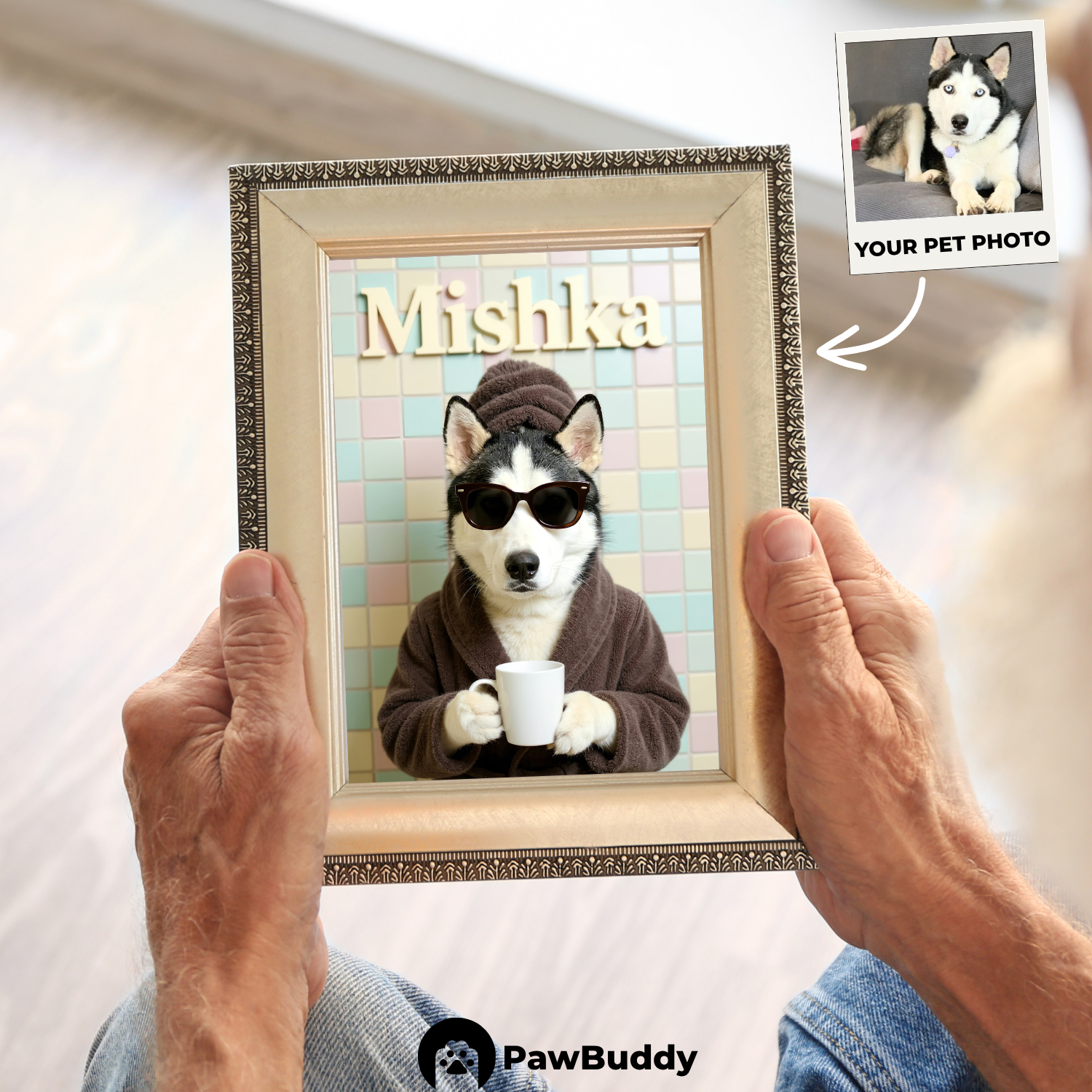 Custom Pet Poster Cozy Spa Day Portrait with Pastel Tile Background – Personalized High-Resolution Matte Print for Wall Art, Home Decor, or Unique Gifts for Pet Lovers (Frame Not Included)