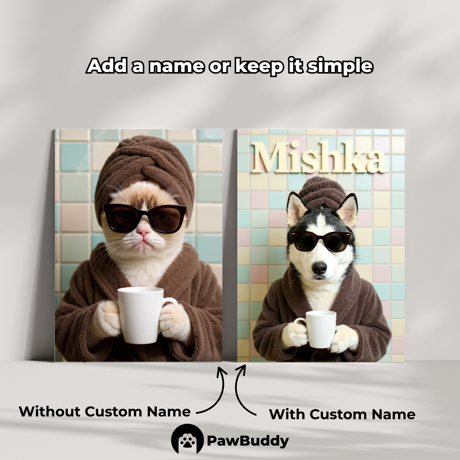 Custom Pet Poster Cozy Spa Day Portrait with Pastel Tile Background – Personalized High-Resolution Matte Print for Wall Art, Home Decor, or Unique Gifts for Pet Lovers (Frame Not Included)