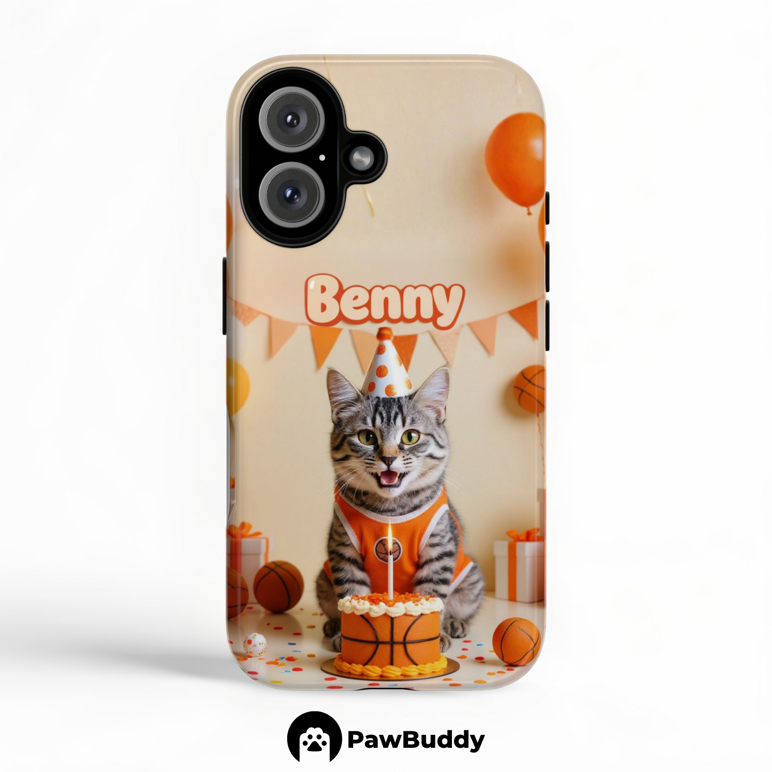 Custom Pet Phone Case for iPhone 11–17, Personalized Basketball Birthday Celebration Orange Party Design with Cake and Balloons, Dual-Layer Shockproof PC+TPU Protective Cover with Glossy Wraparound Printing, Unique Gift for Pet Lovers