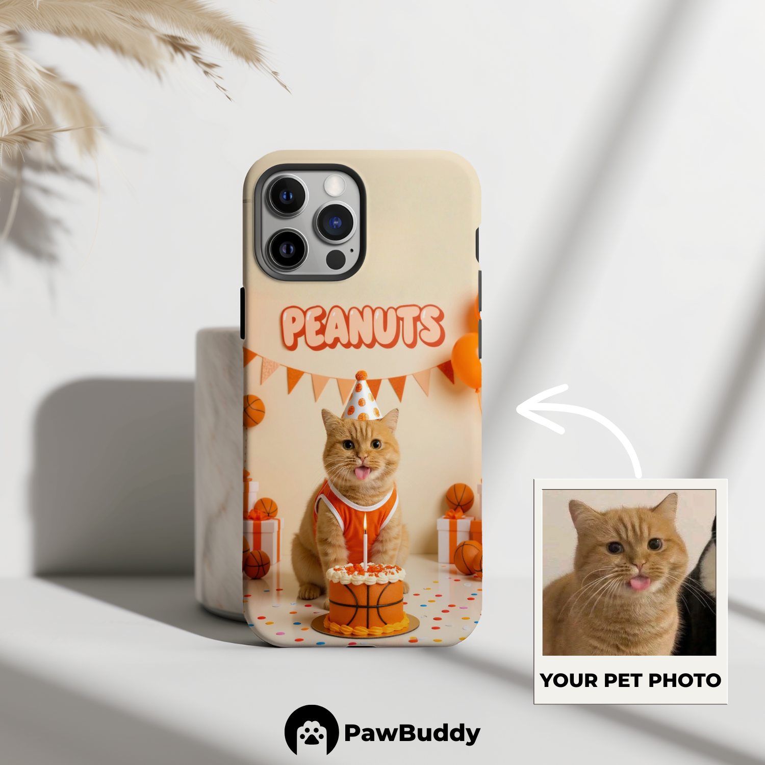Custom Pet Phone Case for iPhone 11–17, Personalized Basketball Birthday Celebration Orange Party Design with Cake and Balloons, Dual-Layer Shockproof PC+TPU Protective Cover with Glossy Wraparound Printing, Unique Gift for Pet Lovers