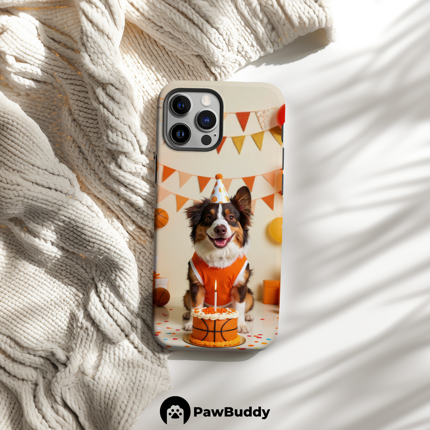 Custom Pet Phone Case for iPhone 11–17, Personalized Basketball Birthday Celebration Orange Party Design with Cake and Balloons, Dual-Layer Shockproof PC+TPU Protective Cover with Glossy Wraparound Printing, Unique Gift for Pet Lovers