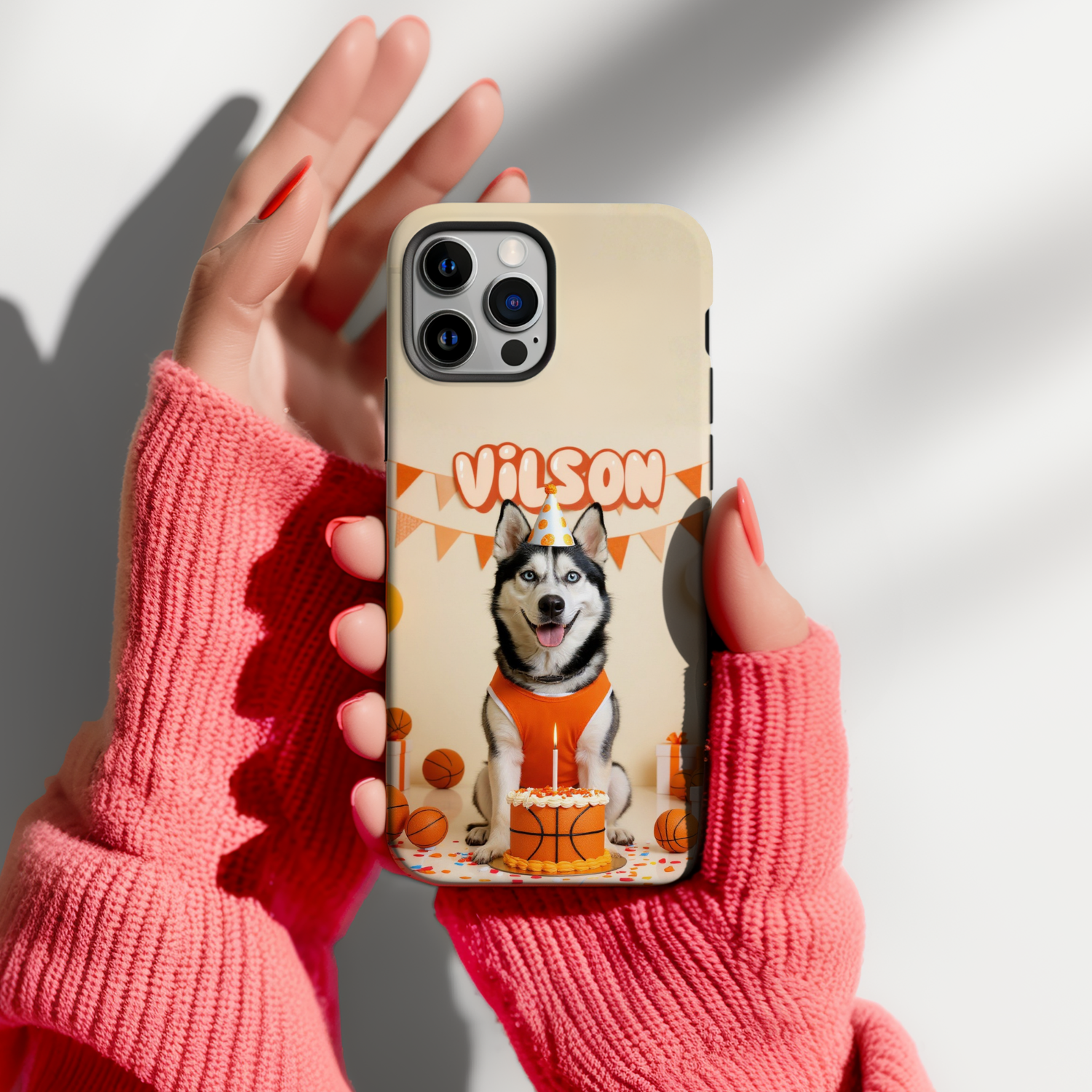 Custom Pet Phone Case for iPhone 11–17, Personalized Basketball Birthday Celebration Orange Party Design with Cake and Balloons, Dual-Layer Shockproof PC+TPU Protective Cover with Glossy Wraparound Printing, Unique Gift for Pet Lovers