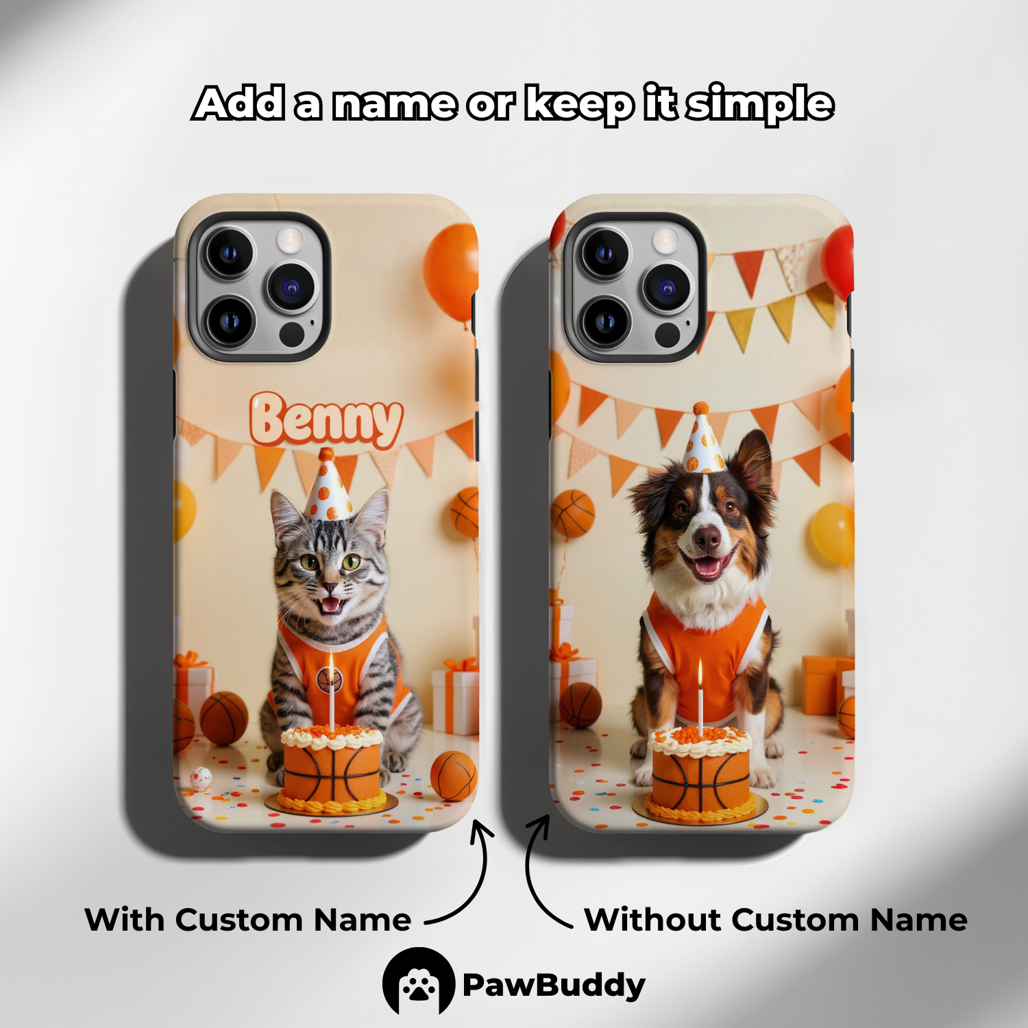 Custom Pet Phone Case for iPhone 11–17, Personalized Basketball Birthday Celebration Orange Party Design with Cake and Balloons, Dual-Layer Shockproof PC+TPU Protective Cover with Glossy Wraparound Printing, Unique Gift for Pet Lovers