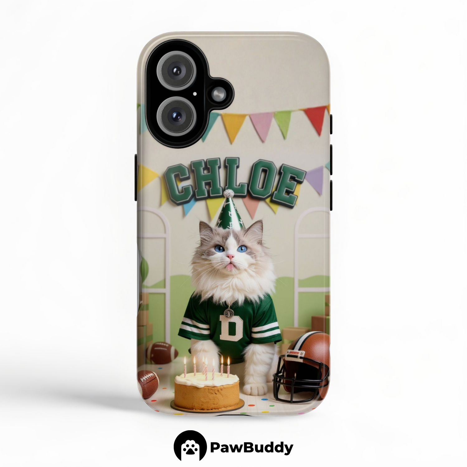 Custom Pet Phone Case for iPhone 11–17, Personalized Football Birthday Celebration Green Field Design with Cake and Helmet, Dual-Layer Shockproof PC+TPU Protective Cover with Glossy Wraparound Printing, Unique Gift for Pet Lovers
