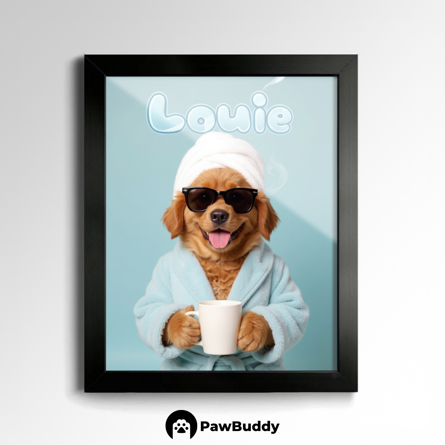 Custom Pet Poster Cozy Spa Day Portrait with Blue Background – Personalized High-Resolution Matte Print for Wall Art, Home Decor, or Unique Gifts for Pet Lovers (Frame Not Included)