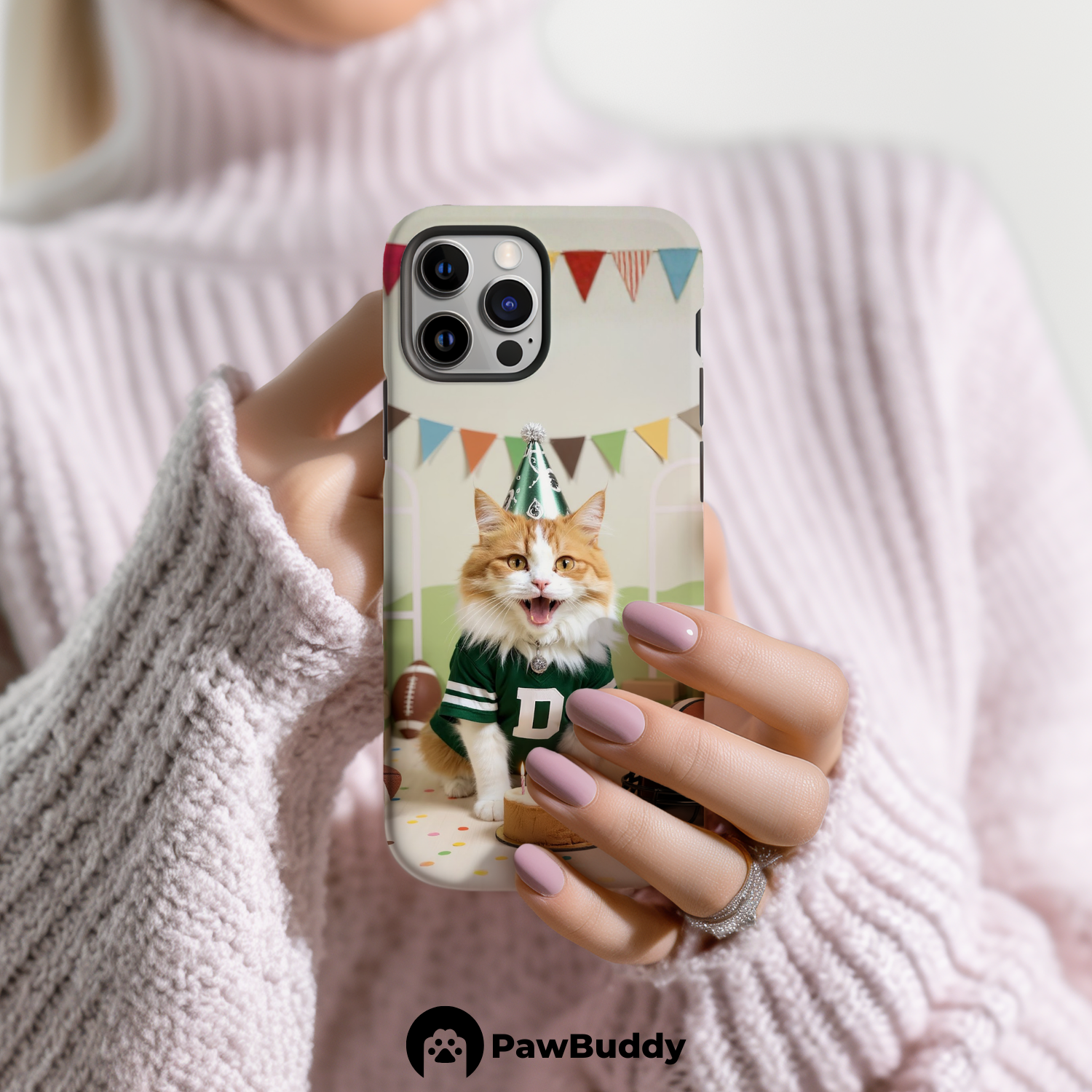 Custom Pet Phone Case for iPhone 11–17, Personalized Football Birthday Celebration Green Field Design with Cake and Helmet, Dual-Layer Shockproof PC+TPU Protective Cover with Glossy Wraparound Printing, Unique Gift for Pet Lovers