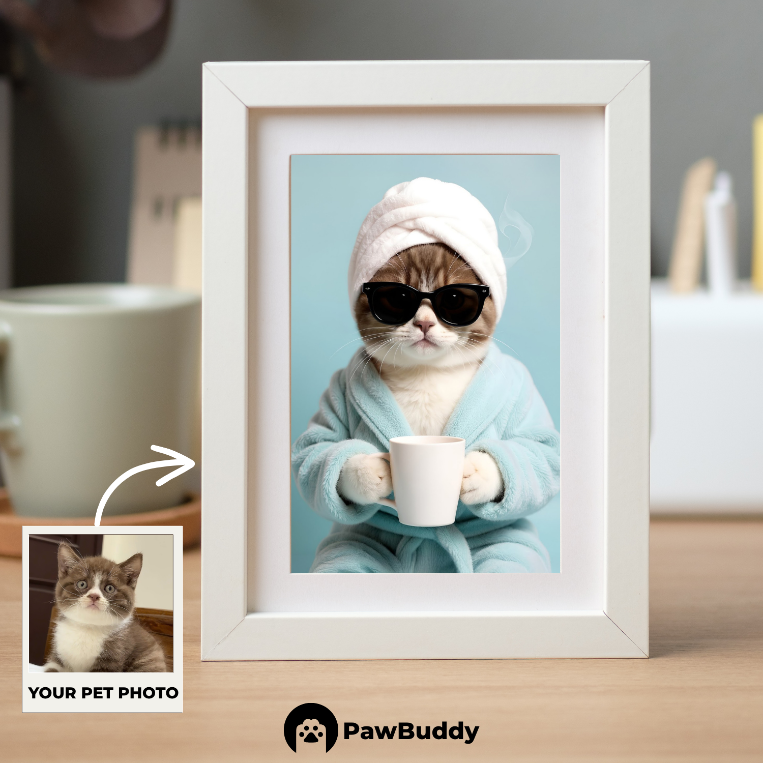 Custom Pet Poster Cozy Spa Day Portrait with Blue Background – Personalized High-Resolution Matte Print for Wall Art, Home Decor, or Unique Gifts for Pet Lovers (Frame Not Included)