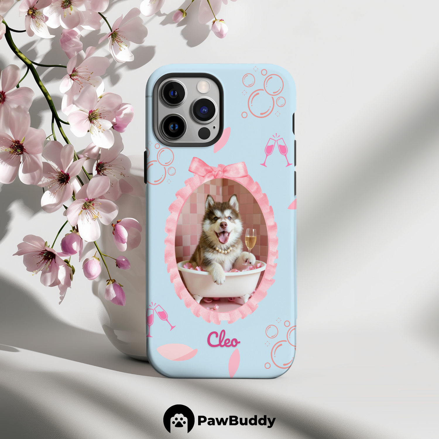 Custom Pet Phone Case for iPhone 11–17, Personalized Luxury Bathtub Pink Ribbon Frame Design with Pearls and Champagne, Dual-Layer Shockproof PC+TPU Protective Cover with Glossy Wraparound Printing, Unique Gift for Pet Lovers