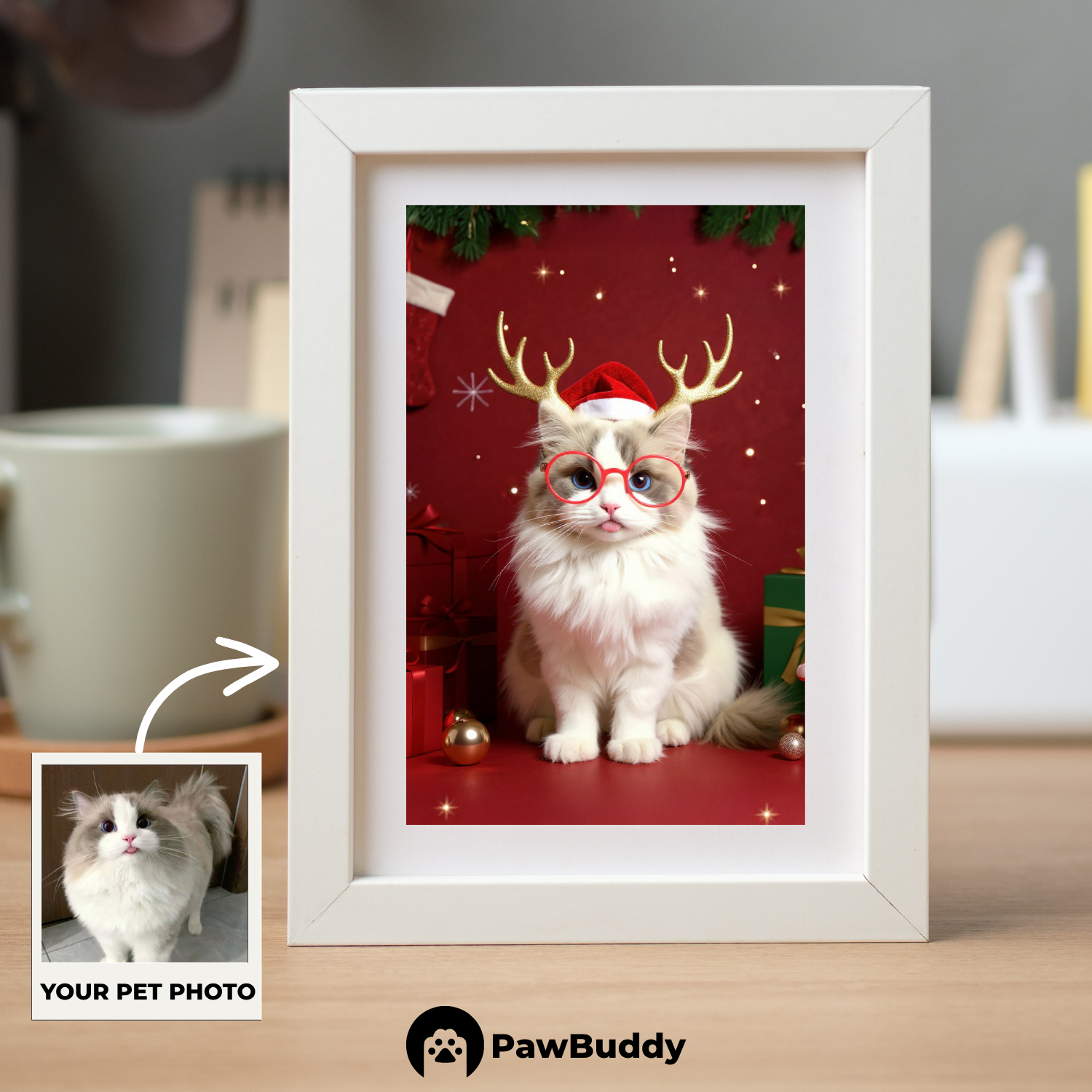 Custom Pet Poster Merry Reindeer Christmas Portrait – Personalized High-Resolution Matte Print for Wall Art, Home Decor, or Unique Holiday Gifts for Pet Lovers (Frame Not Included)