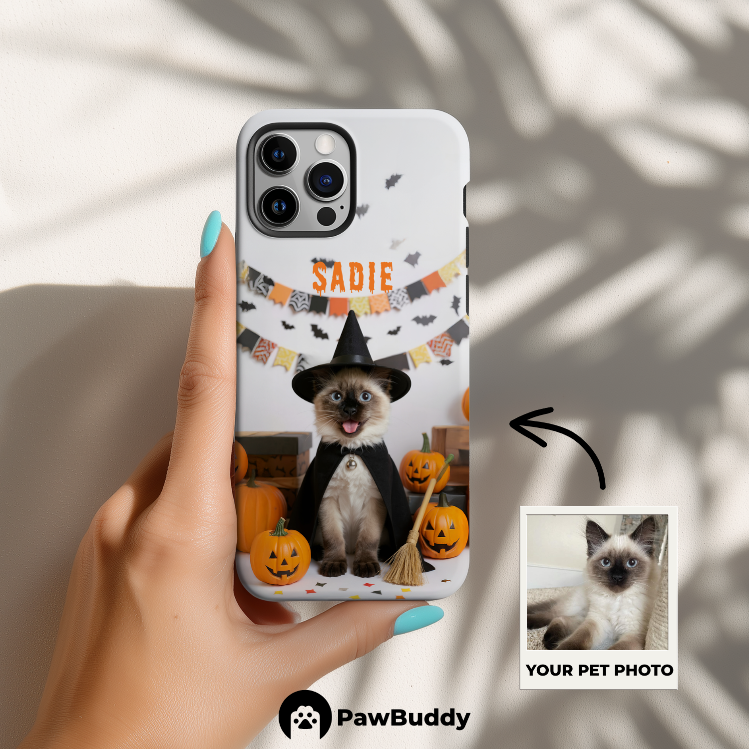 Custom Pet Phone Case for iPhone 11–17, Personalized Halloween Witch Studio Design with Pumpkins and Broom, Dual-Layer Shockproof PC+TPU Protective Cover with Glossy Wraparound Printing, Unique Gift for Pet Lovers