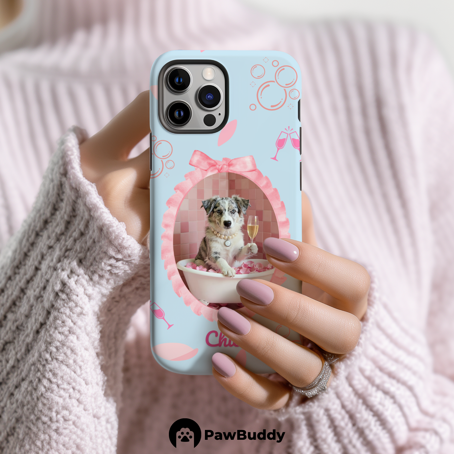 Custom Pet Phone Case for iPhone 11–17, Personalized Luxury Bathtub Pink Ribbon Frame Design with Pearls and Champagne, Dual-Layer Shockproof PC+TPU Protective Cover with Glossy Wraparound Printing, Unique Gift for Pet Lovers