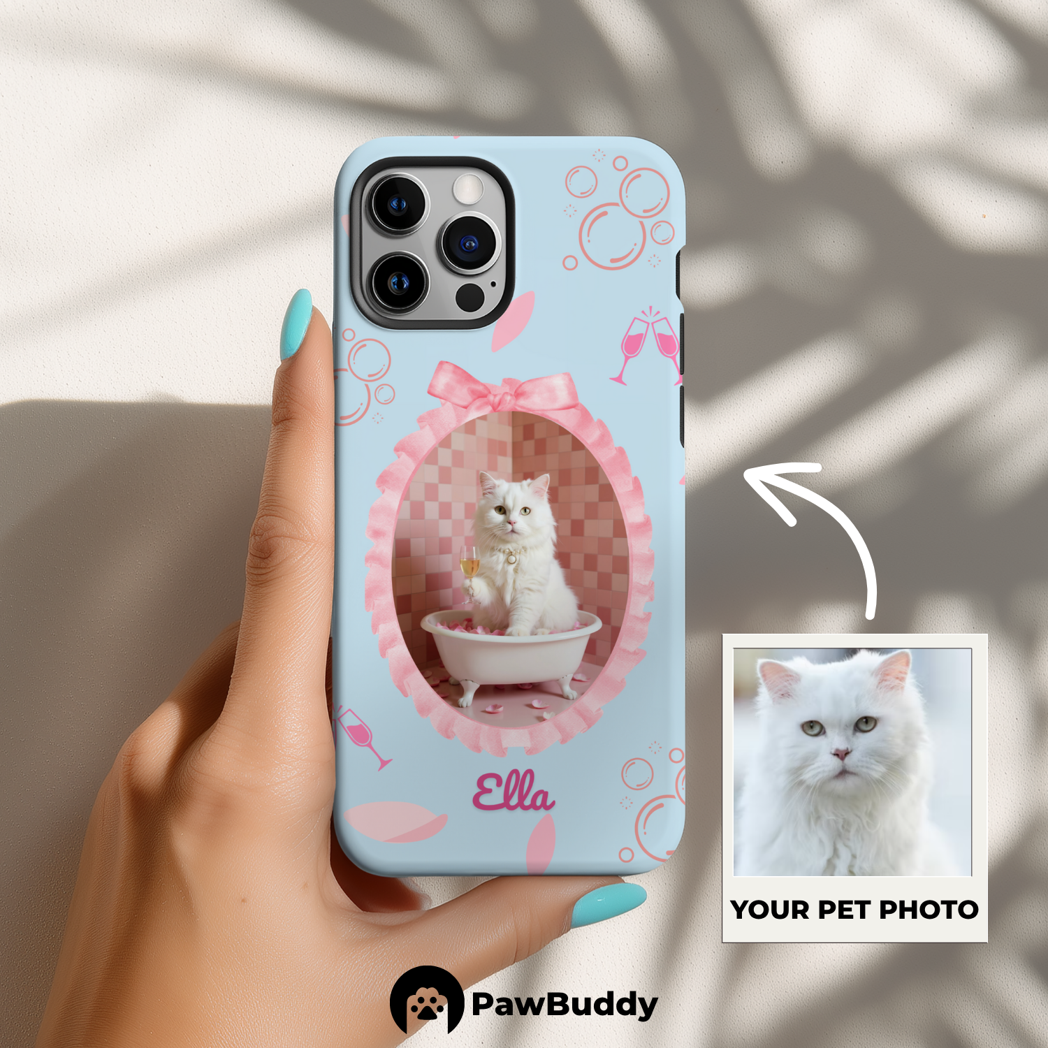 Custom Pet Phone Case for iPhone 11–17, Personalized Luxury Bathtub Pink Ribbon Frame Design with Pearls and Champagne, Dual-Layer Shockproof PC+TPU Protective Cover with Glossy Wraparound Printing, Unique Gift for Pet Lovers