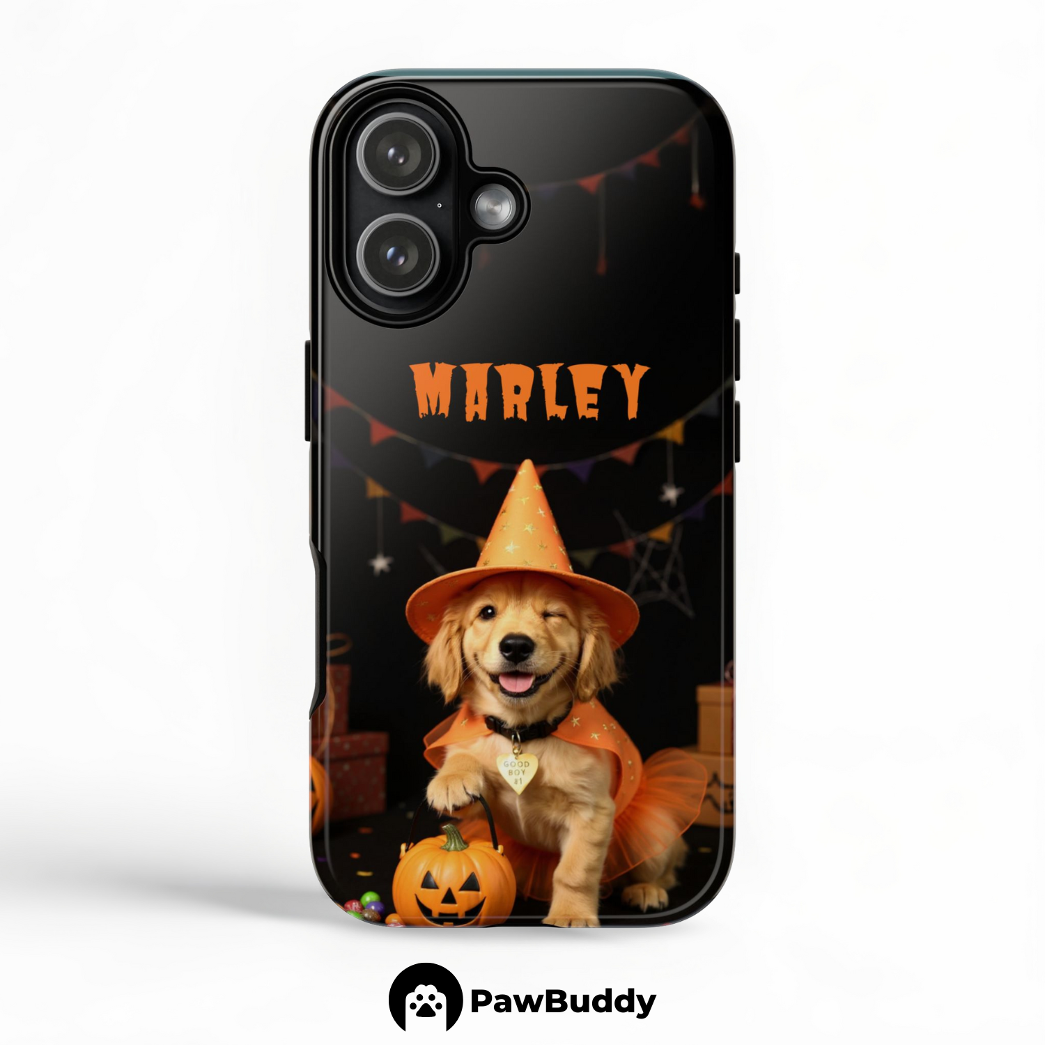 Custom Pet Phone Case for iPhone 11–17, Personalized Halloween Witch Pumpkin Orange Studio Design with Costume and Decor, Dual-Layer Shockproof PC+TPU Protective Cover with Glossy Wraparound Printing, Unique Gift for Pet Lovers