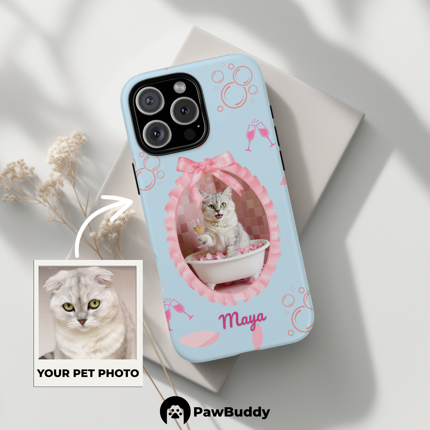 Custom Pet Phone Case for iPhone 11–17, Personalized Luxury Bathtub Pink Ribbon Frame Design with Pearls and Champagne, Dual-Layer Shockproof PC+TPU Protective Cover with Glossy Wraparound Printing, Unique Gift for Pet Lovers