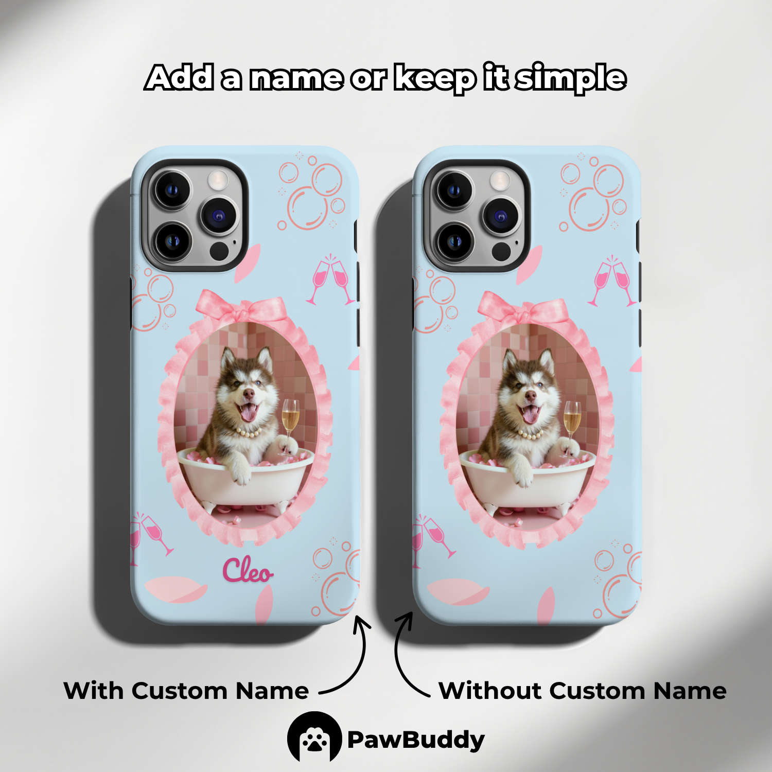 Custom Pet Phone Case for iPhone 11–17, Personalized Luxury Bathtub Pink Ribbon Frame Design with Pearls and Champagne, Dual-Layer Shockproof PC+TPU Protective Cover with Glossy Wraparound Printing, Unique Gift for Pet Lovers
