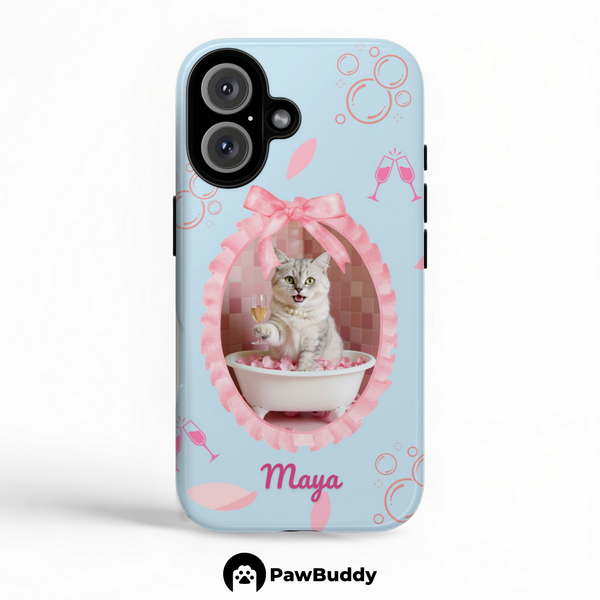 Custom Pet Phone Case for iPhone 11–17, Personalized Luxury Bathtub Pink Ribbon Frame Design with Pearls and Champagne, Dual-Layer Shockproof PC+TPU Protective Cover with Glossy Wraparound Printing, Unique Gift for Pet Lovers