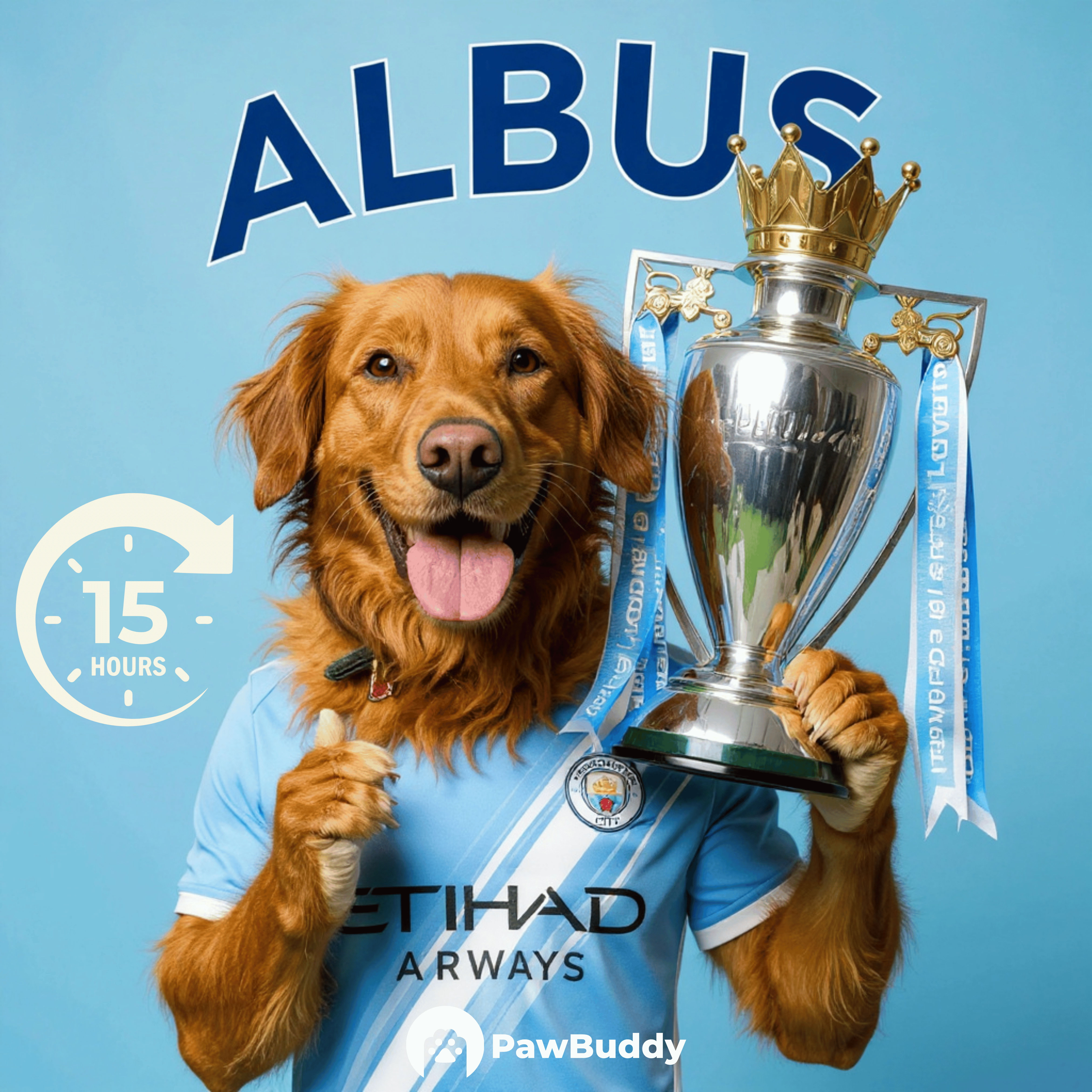Custom Pet Portrait Sky Blue Champion Digital Artwork – Personalized High-Resolution Artwork for Pet Lovers, Perfect for Online Sharing or as a Premier Football-Inspired Keepsake
