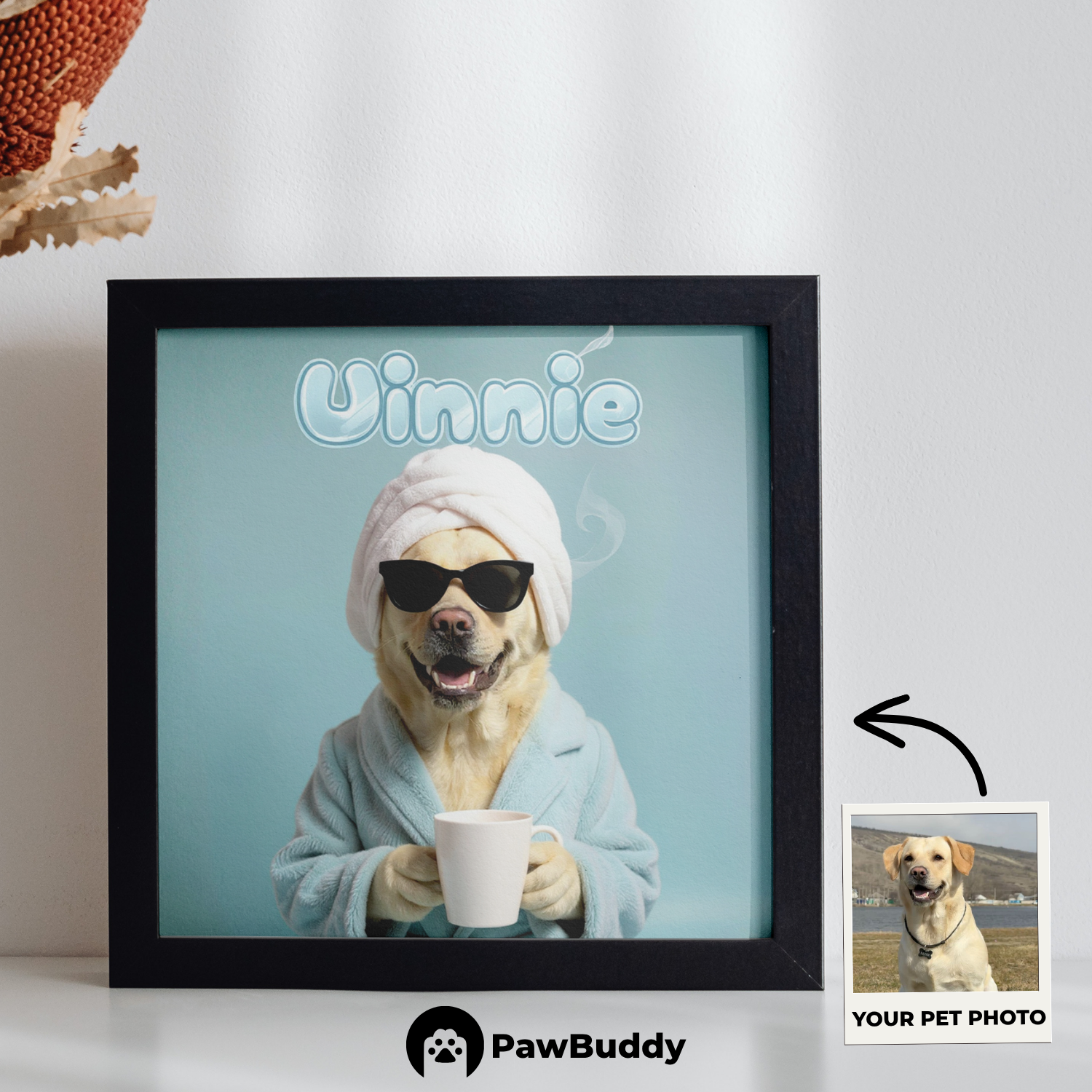 Custom Pet Poster Cozy Spa Day Portrait with Blue Background – Personalized High-Resolution Matte Print for Wall Art, Home Decor, or Unique Gifts for Pet Lovers (Frame Not Included)