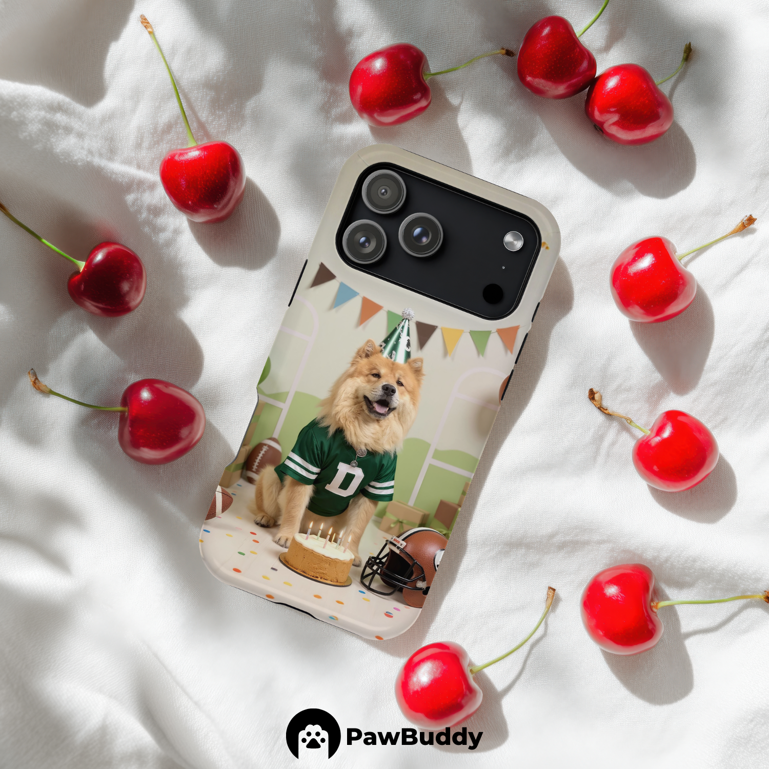 Custom Pet Phone Case for iPhone 11–17, Personalized Football Birthday Celebration Green Field Design with Cake and Helmet, Dual-Layer Shockproof PC+TPU Protective Cover with Glossy Wraparound Printing, Unique Gift for Pet Lovers