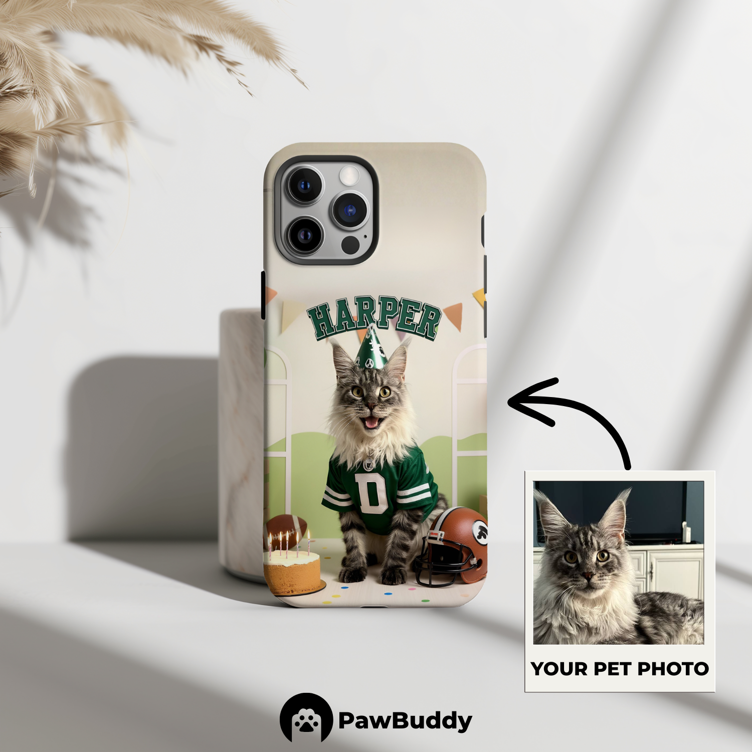Custom Pet Phone Case for iPhone 11–17, Personalized Football Birthday Celebration Green Field Design with Cake and Helmet, Dual-Layer Shockproof PC+TPU Protective Cover with Glossy Wraparound Printing, Unique Gift for Pet Lovers