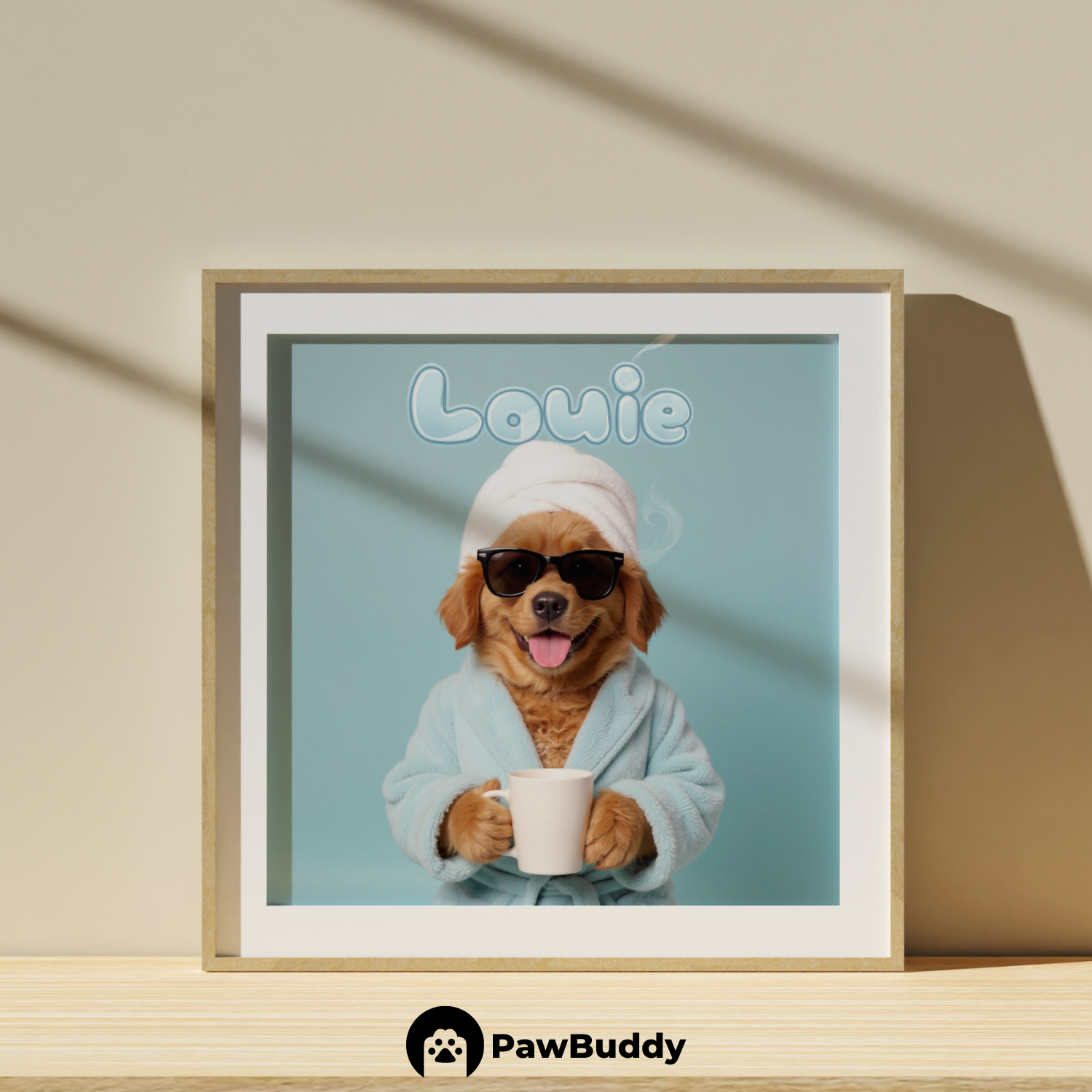 Custom Pet Poster Cozy Spa Day Portrait with Blue Background – Personalized High-Resolution Matte Print for Wall Art, Home Decor, or Unique Gifts for Pet Lovers (Frame Not Included)