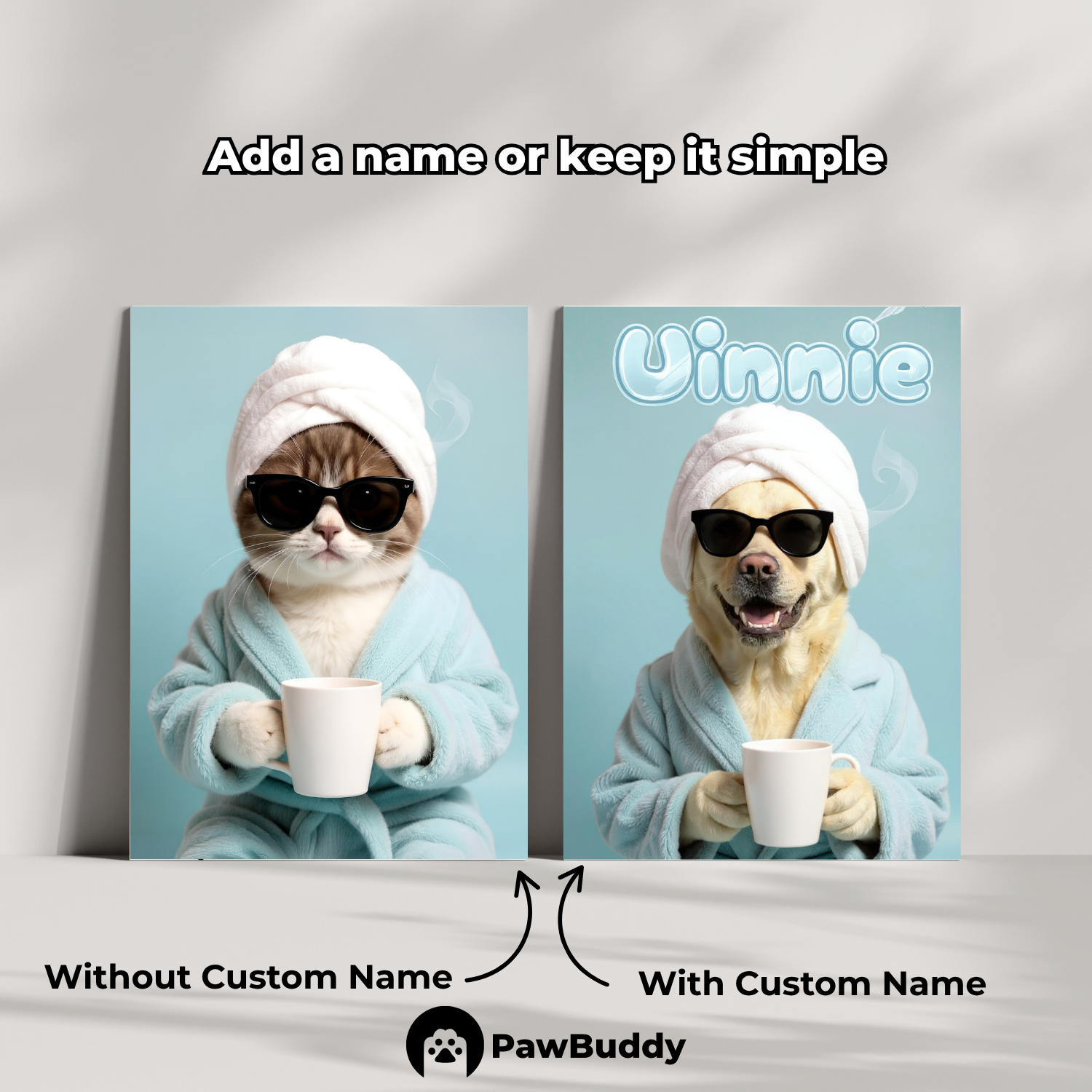 Custom Pet Poster Cozy Spa Day Portrait with Blue Background – Personalized High-Resolution Matte Print for Wall Art, Home Decor, or Unique Gifts for Pet Lovers (Frame Not Included)