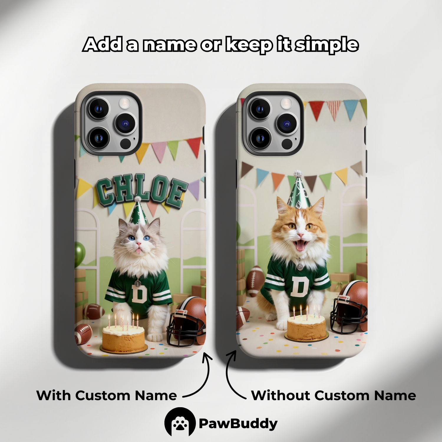 Custom Pet Phone Case for iPhone 11–17, Personalized Football Birthday Celebration Green Field Design with Cake and Helmet, Dual-Layer Shockproof PC+TPU Protective Cover with Glossy Wraparound Printing, Unique Gift for Pet Lovers