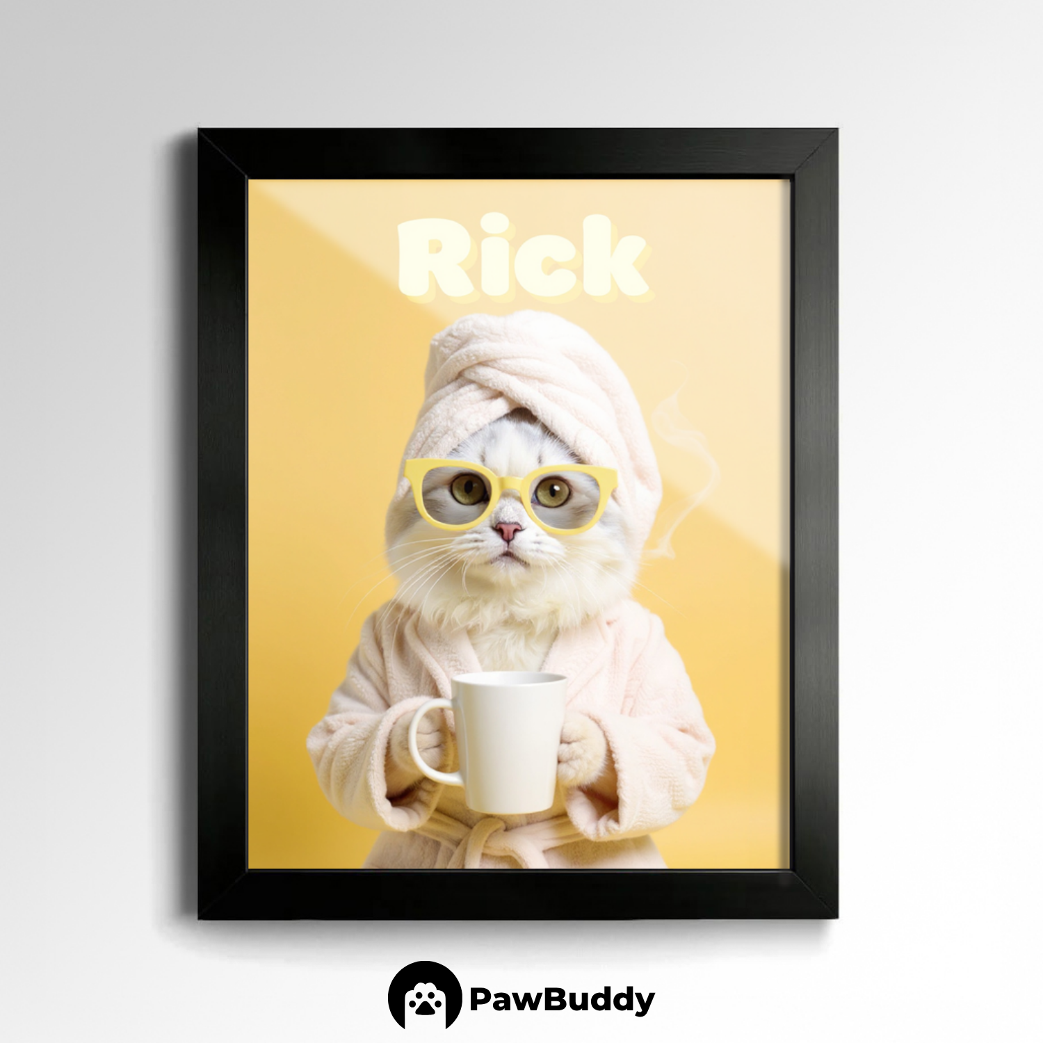 Custom Pet Poster Cozy Spa Day Portrait with Yellow Background – Personalized High-Resolution Matte Print for Wall Art, Home Decor, or Unique Gifts for Pet Lovers (Frame Not Included)