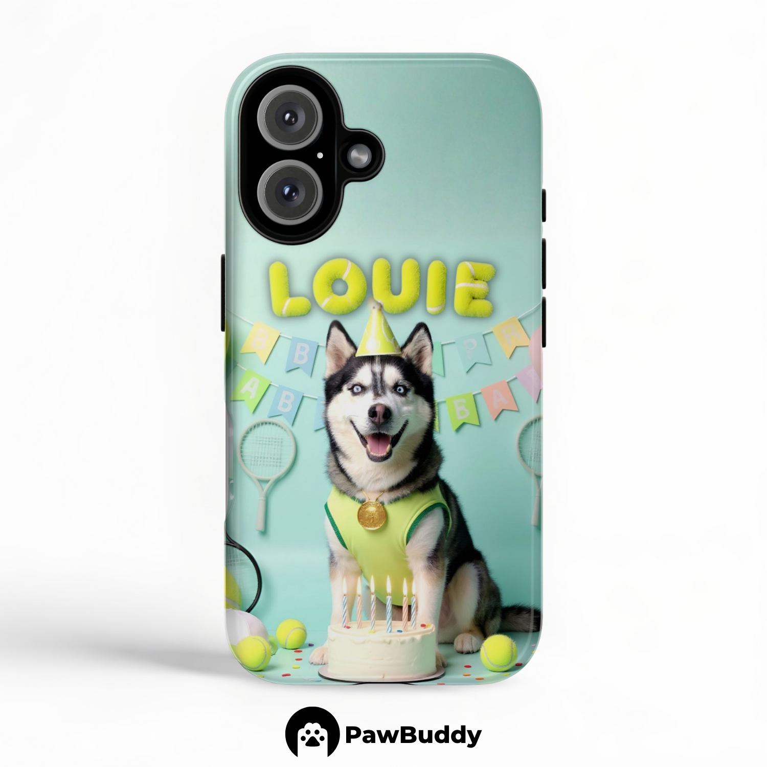 Custom Pet Phone Case for iPhone 11–17, Personalized Tennis Birthday Celebration Green Court Design with Cake and Racket Decor, Dual-Layer Shockproof PC+TPU Protective Cover with Glossy Wraparound Printing, Unique Gift for Pet Lovers