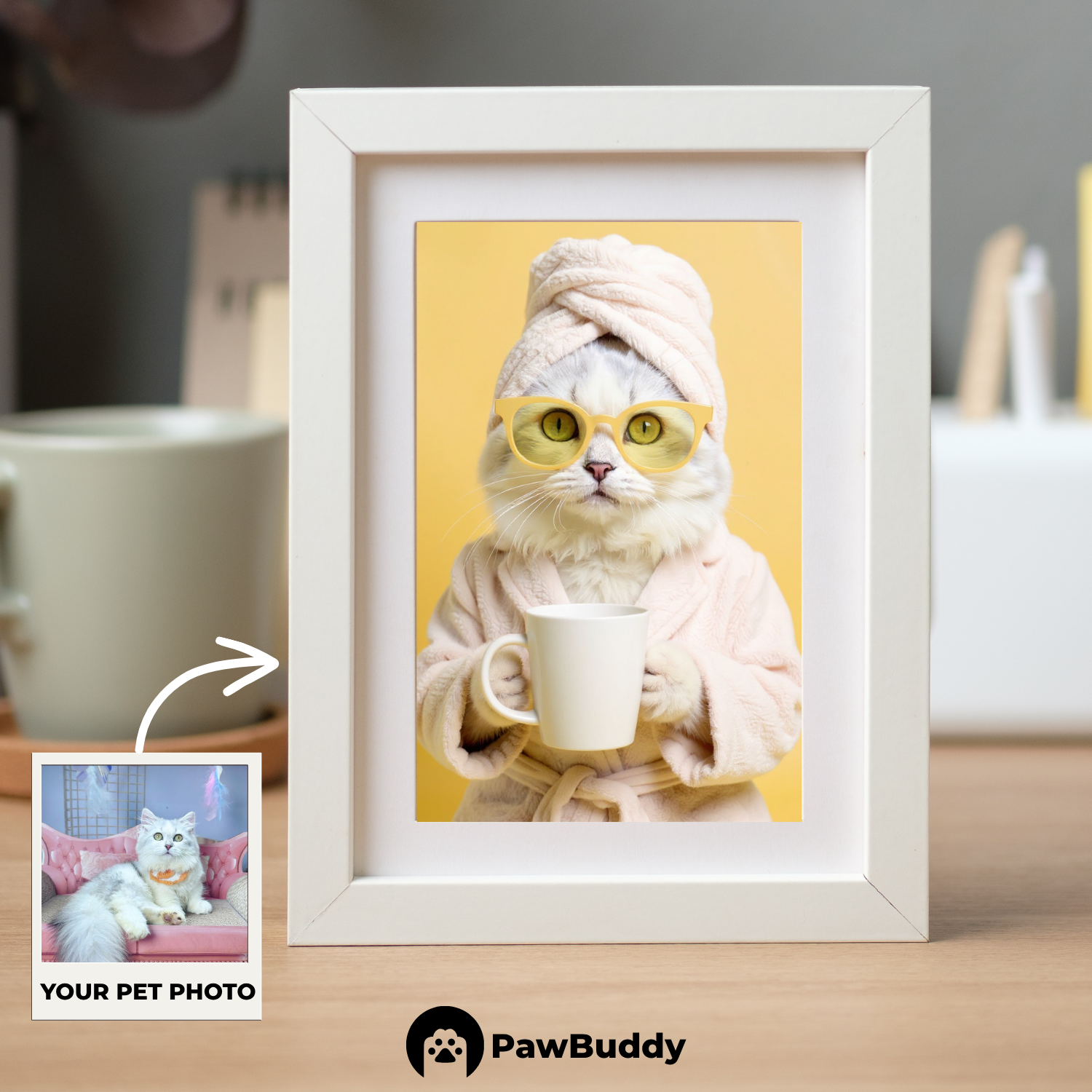 Custom Pet Poster Cozy Spa Day Portrait with Yellow Background – Personalized High-Resolution Matte Print for Wall Art, Home Decor, or Unique Gifts for Pet Lovers (Frame Not Included)
