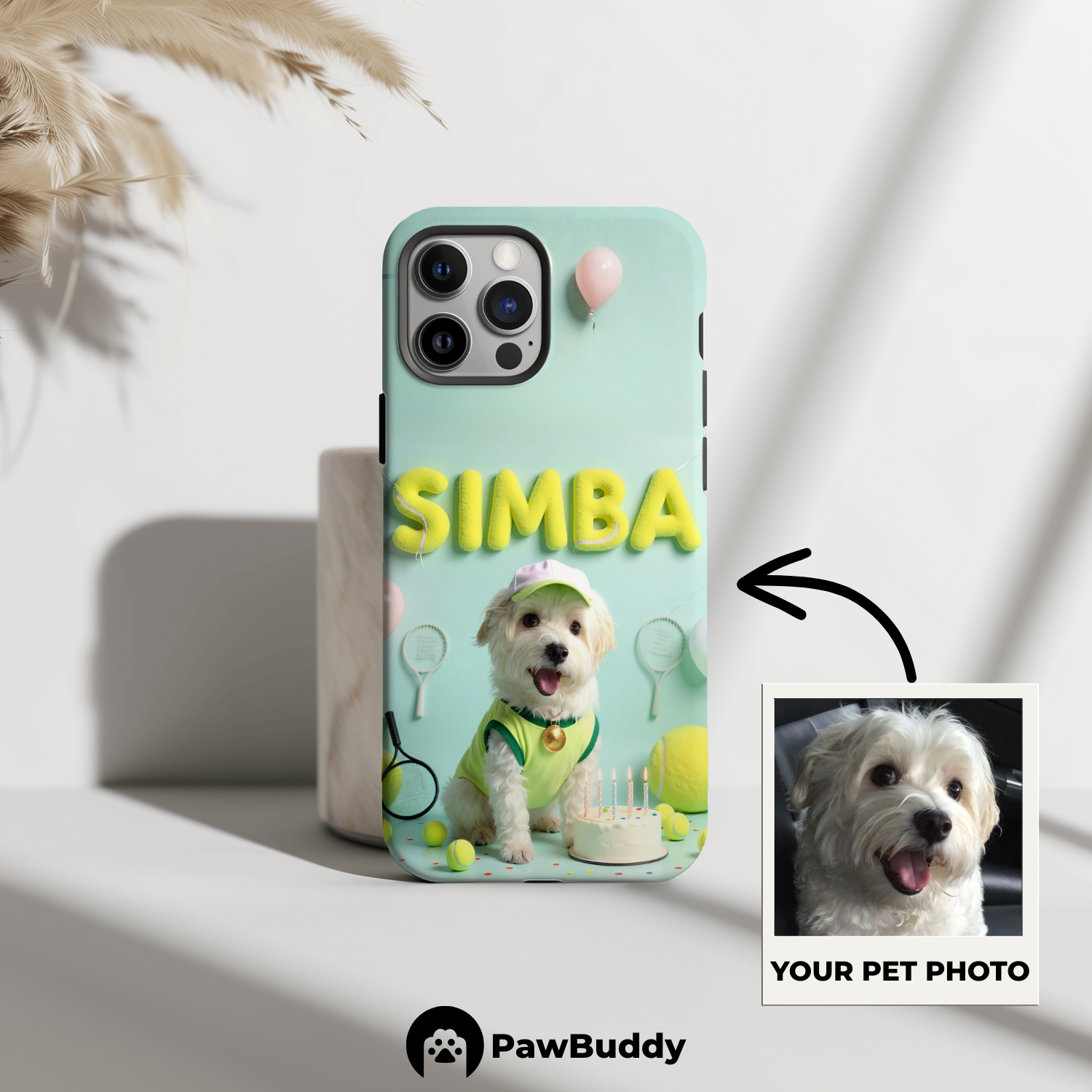 Custom Pet Phone Case for iPhone 11–17, Personalized Tennis Birthday Celebration Green Court Design with Cake and Racket Decor, Dual-Layer Shockproof PC+TPU Protective Cover with Glossy Wraparound Printing, Unique Gift for Pet Lovers