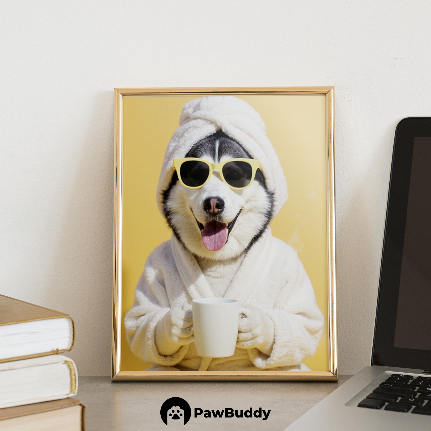 Custom Pet Poster Cozy Spa Day Portrait with Yellow Background – Personalized High-Resolution Matte Print for Wall Art, Home Decor, or Unique Gifts for Pet Lovers (Frame Not Included)