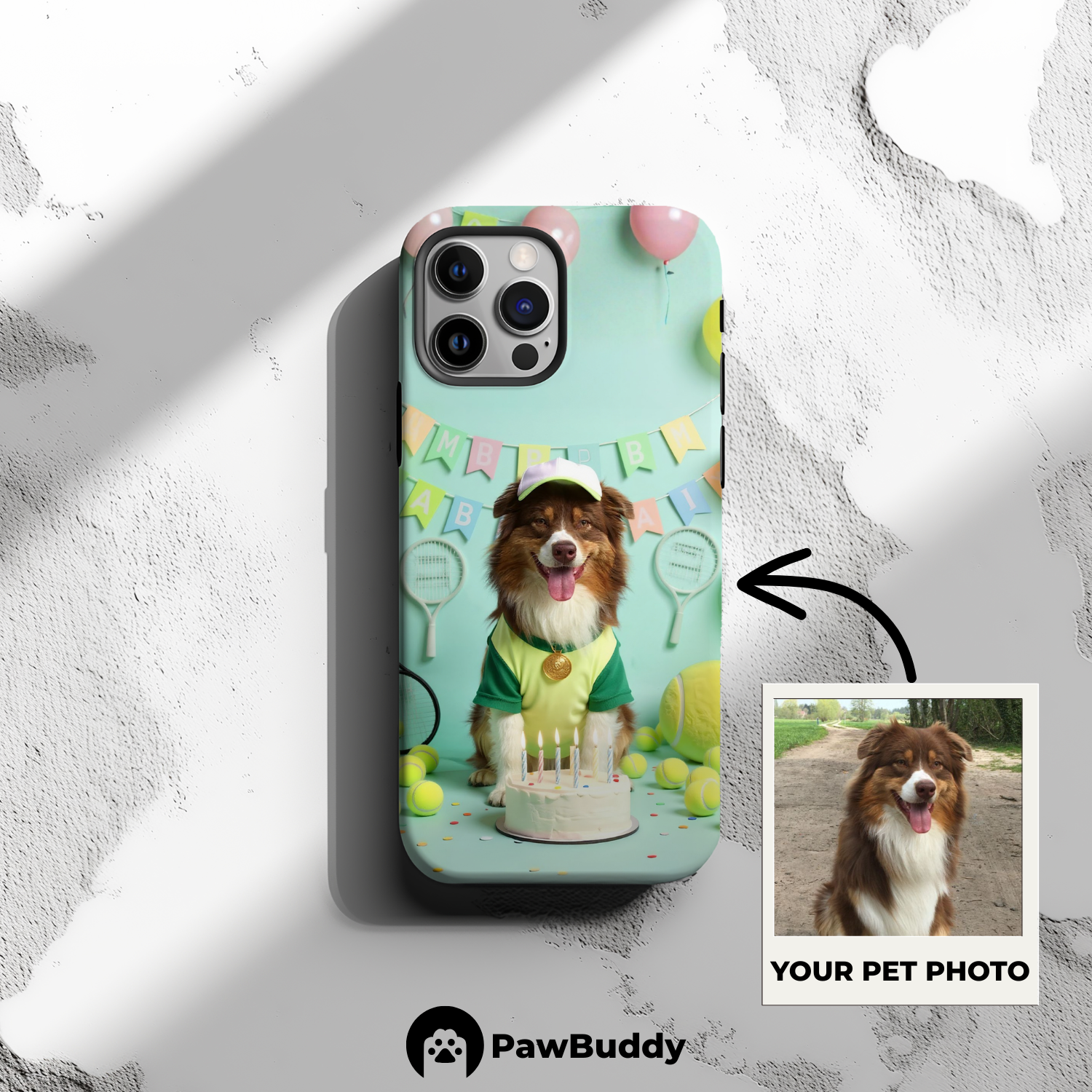 Custom Pet Phone Case for iPhone 11–17, Personalized Tennis Birthday Celebration Green Court Design with Cake and Racket Decor, Dual-Layer Shockproof PC+TPU Protective Cover with Glossy Wraparound Printing, Unique Gift for Pet Lovers