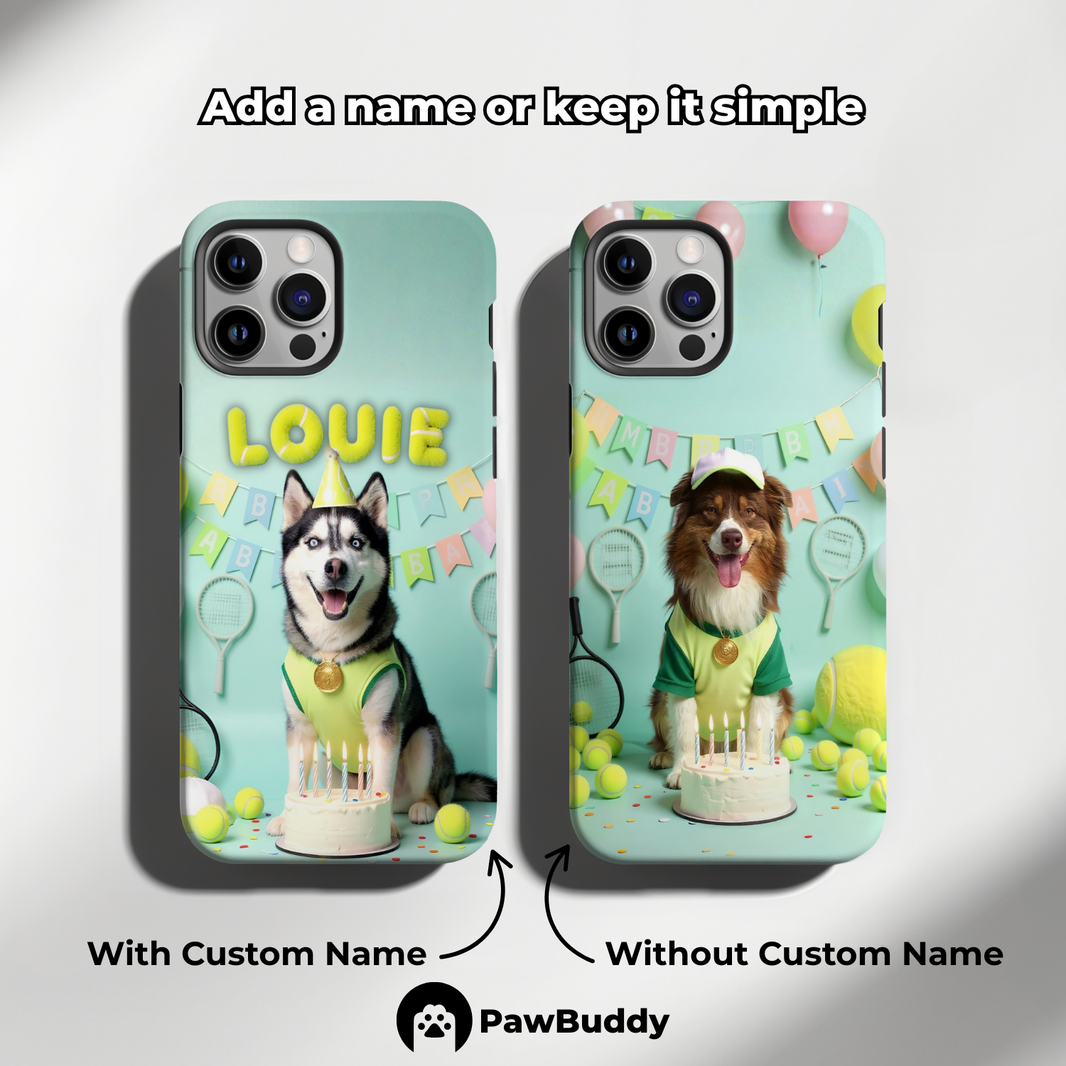 Custom Pet Phone Case for iPhone 11–17, Personalized Tennis Birthday Celebration Green Court Design with Cake and Racket Decor, Dual-Layer Shockproof PC+TPU Protective Cover with Glossy Wraparound Printing, Unique Gift for Pet Lovers