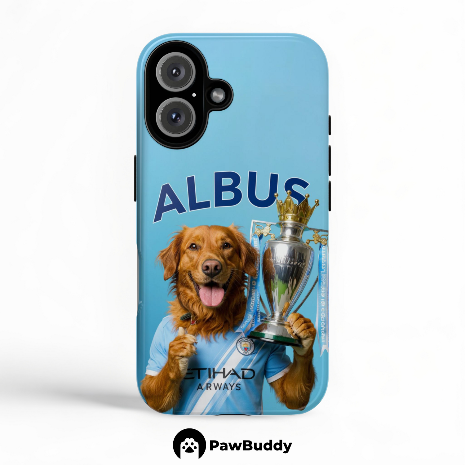 Custom Pet Phone Case for iPhone 11–17, Personalized Soccer Champion Blue Jersey Trophy Design, Dual-Layer Shockproof PC+TPU Protective Cover with Glossy Wraparound Printing, Unique Gift for Pet Lovers