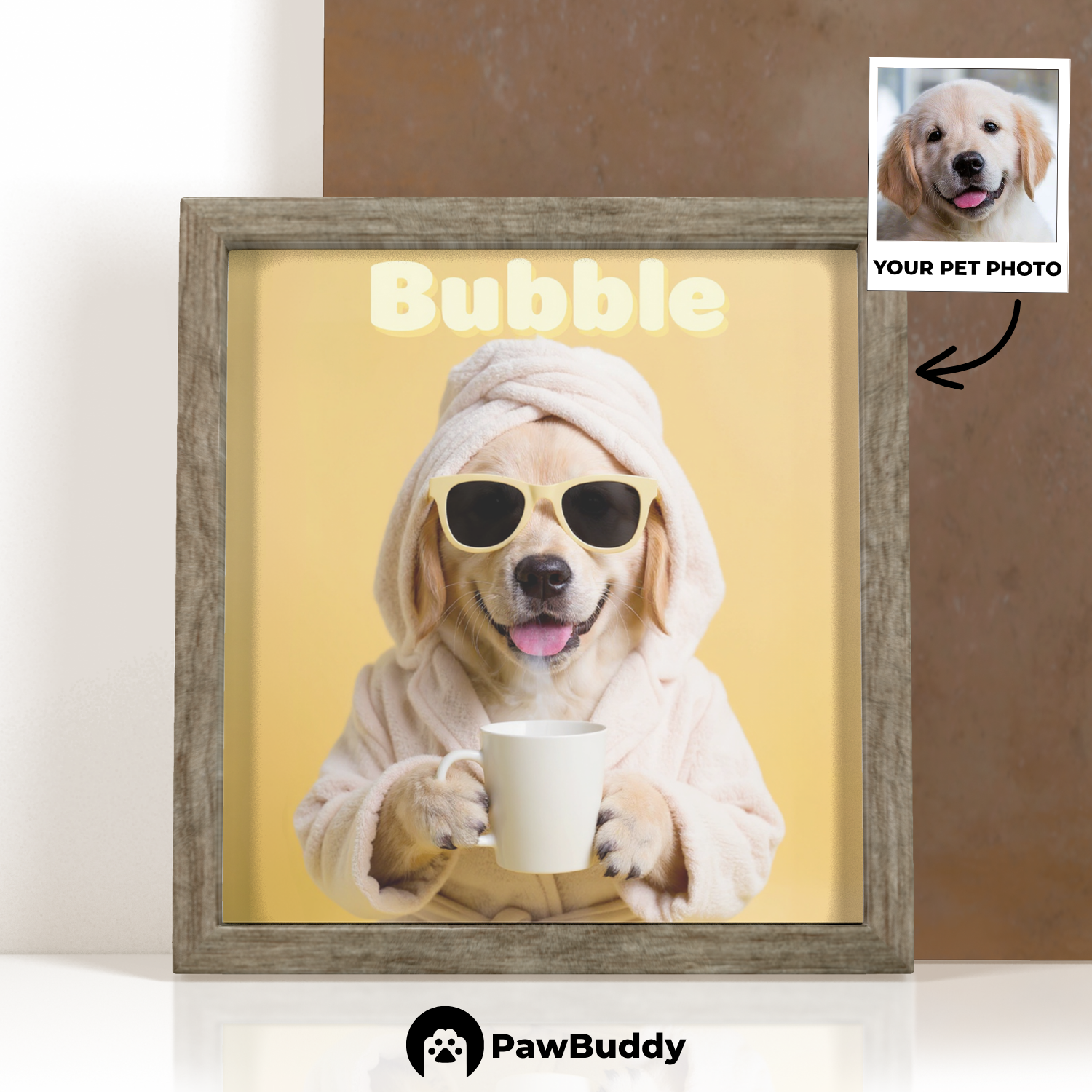Custom Pet Poster Cozy Spa Day Portrait with Yellow Background – Personalized High-Resolution Matte Print for Wall Art, Home Decor, or Unique Gifts for Pet Lovers (Frame Not Included)