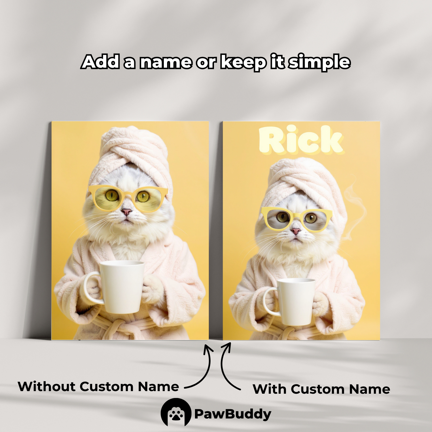 Custom Pet Poster Cozy Spa Day Portrait with Yellow Background – Personalized High-Resolution Matte Print for Wall Art, Home Decor, or Unique Gifts for Pet Lovers (Frame Not Included)