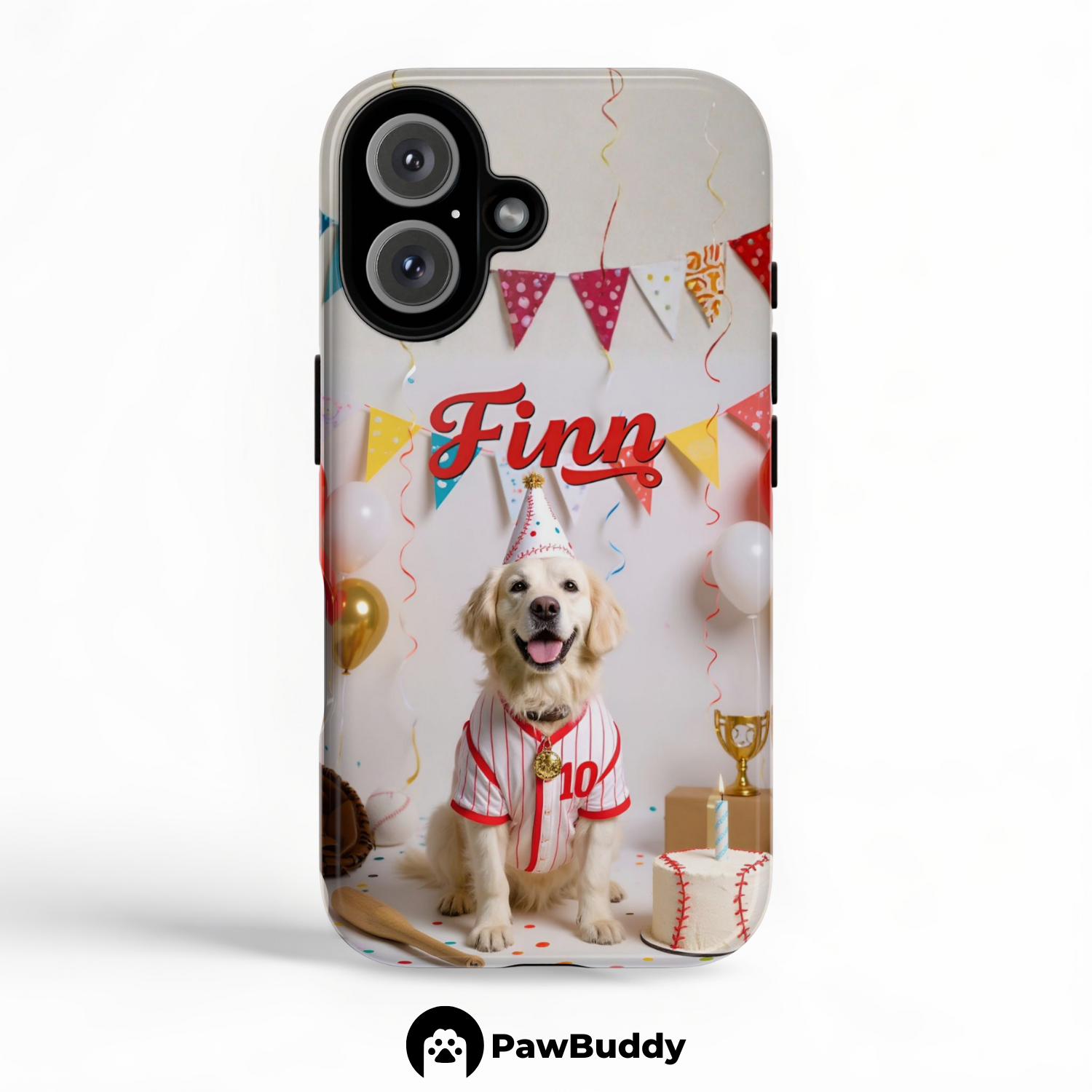 Custom Pet Phone Case for iPhone 11–17, Personalized Baseball Birthday Celebration Red and White Studio Design with Cake and Ball Decor, Dual-Layer Shockproof PC+TPU Protective Cover with Glossy Wraparound Printing, Unique Gift for Pet Lovers