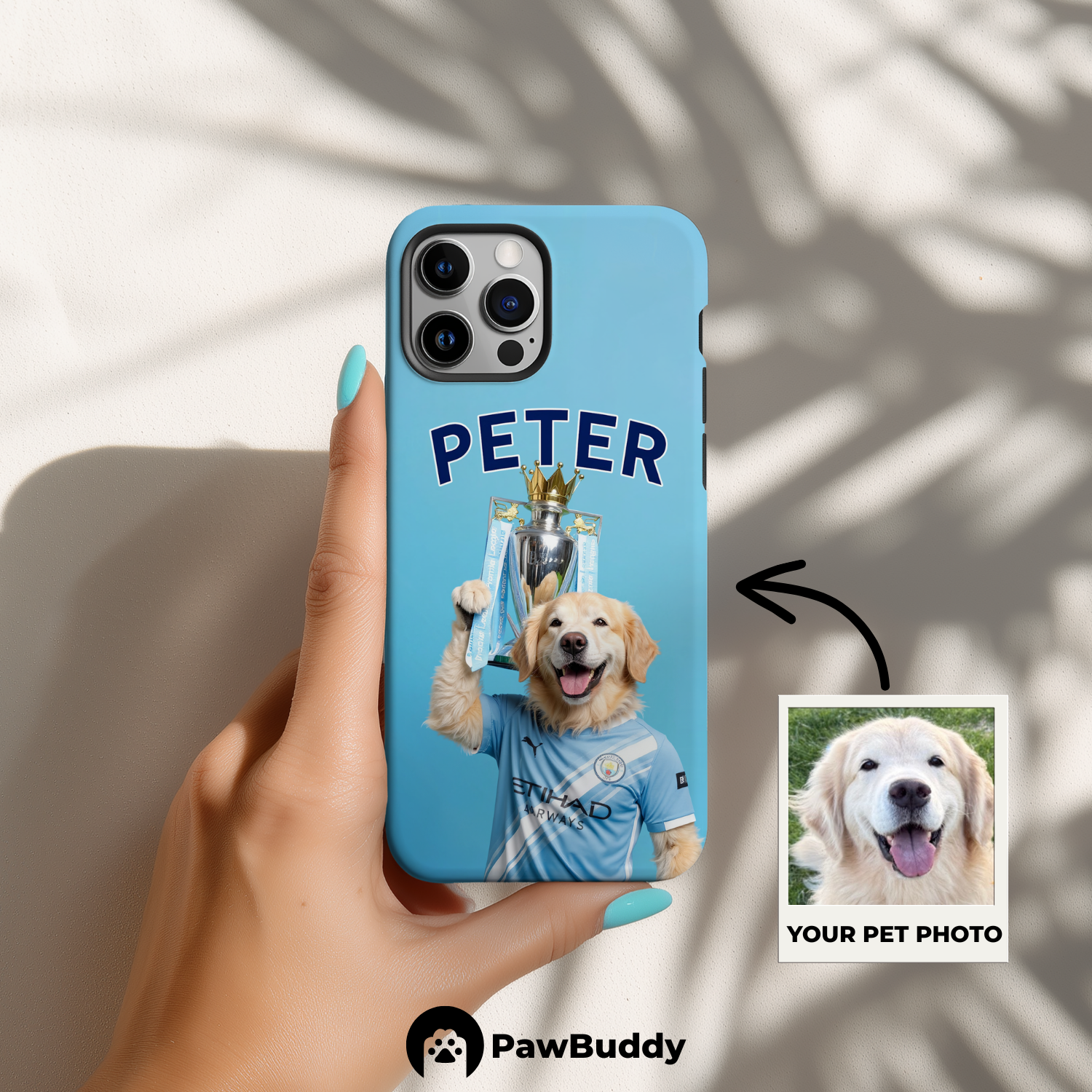 Custom Pet Phone Case for iPhone 11–17, Personalized Soccer Champion Blue Jersey Trophy Design, Dual-Layer Shockproof PC+TPU Protective Cover with Glossy Wraparound Printing, Unique Gift for Pet Lovers