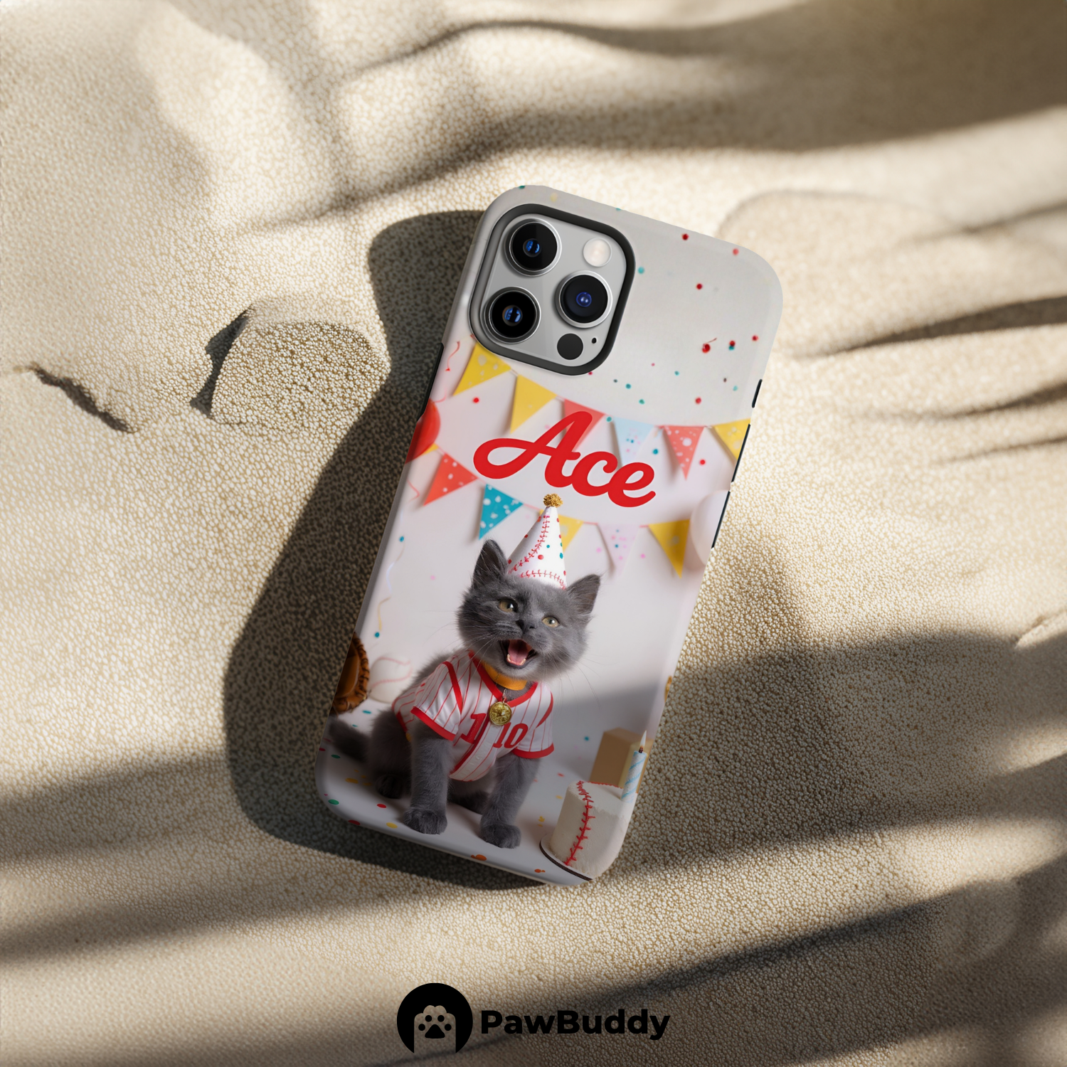 Custom Pet Phone Case for iPhone 11–17, Personalized Baseball Birthday Celebration Red and White Studio Design with Cake and Ball Decor, Dual-Layer Shockproof PC+TPU Protective Cover with Glossy Wraparound Printing, Unique Gift for Pet Lovers