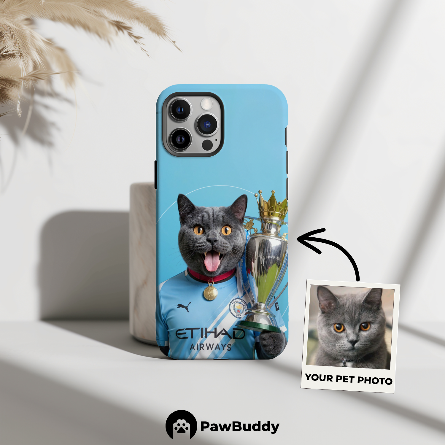 Custom Pet Phone Case for iPhone 11–17, Personalized Soccer Champion Blue Jersey Trophy Design, Dual-Layer Shockproof PC+TPU Protective Cover with Glossy Wraparound Printing, Unique Gift for Pet Lovers