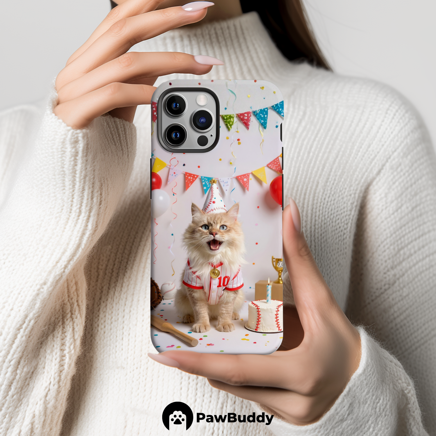 Custom Pet Phone Case for iPhone 11–17, Personalized Baseball Birthday Celebration Red and White Studio Design with Cake and Ball Decor, Dual-Layer Shockproof PC+TPU Protective Cover with Glossy Wraparound Printing, Unique Gift for Pet Lovers