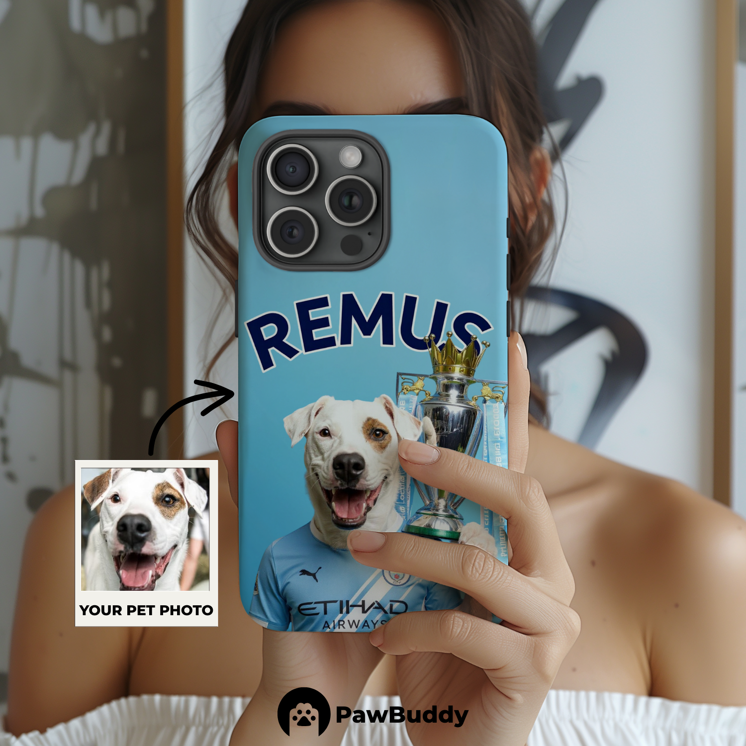 Custom Pet Phone Case for iPhone 11–17, Personalized Soccer Champion Blue Jersey Trophy Design, Dual-Layer Shockproof PC+TPU Protective Cover with Glossy Wraparound Printing, Unique Gift for Pet Lovers