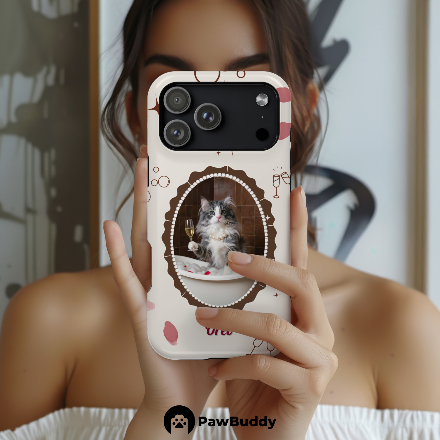 Custom Pet Phone Case for iPhone 11–17, Personalized Luxury Bathtub Brown Frame Design with Pearls and Wine, Dual-Layer Shockproof PC+TPU Protective Cover with Glossy Wraparound Printing, Unique Gift for Pet Lovers