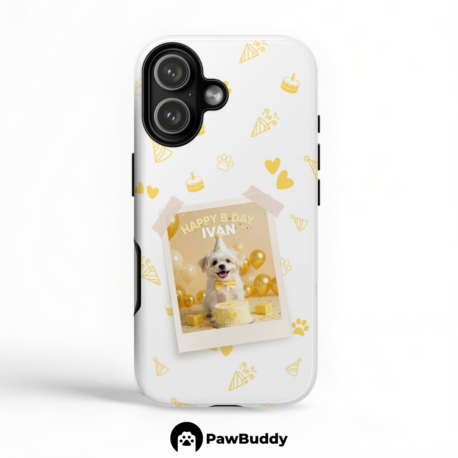 Custom Pet Phone Case for iPhone 11–17, Personalized Birthday Celebration Yellow Pattern with Polaroid Photo Frame and Name, Dual-Layer Shockproof PC+TPU Protective Cover with Glossy Wraparound Printing, Unique Gift for Pet Lovers