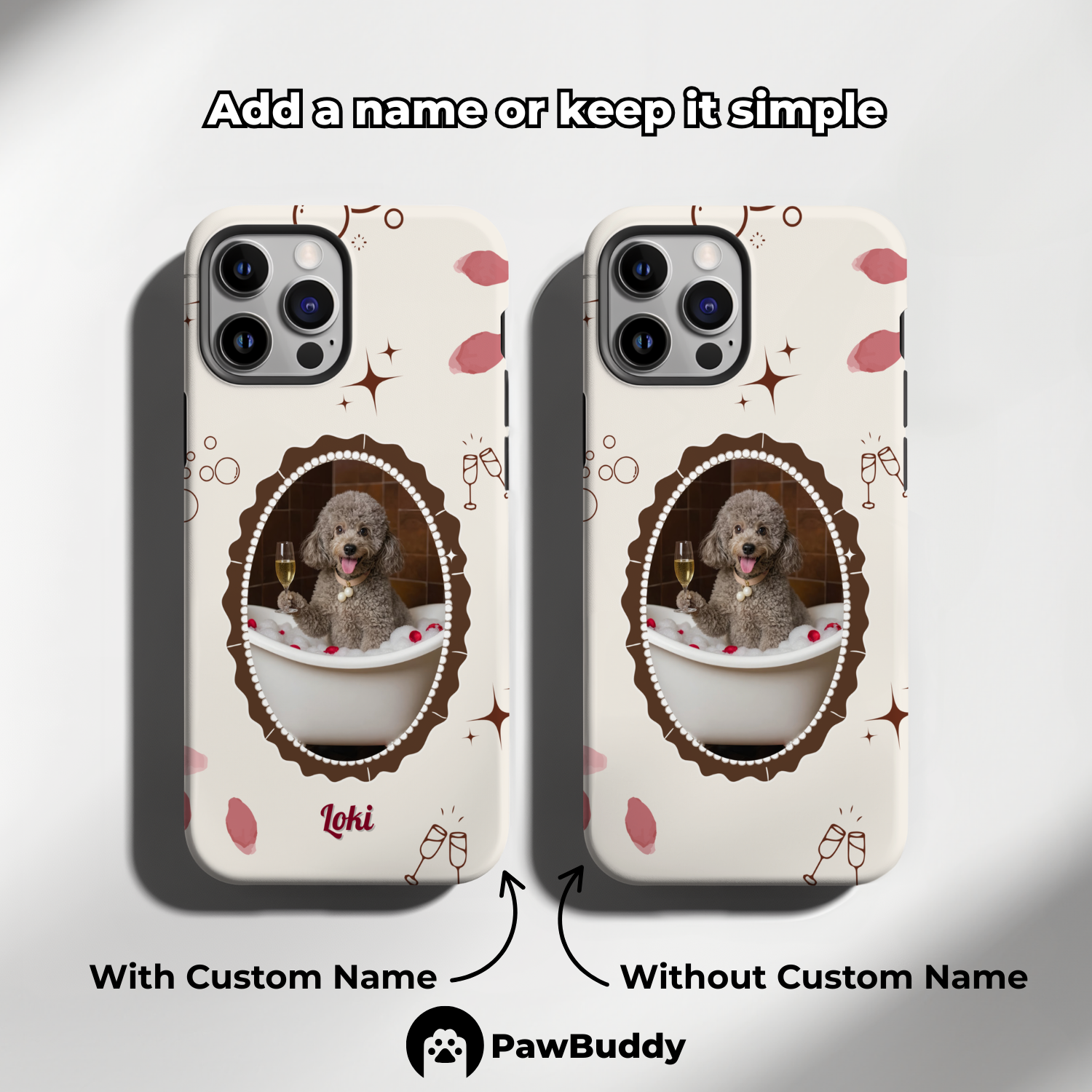 Custom Pet Phone Case for iPhone 11–17, Personalized Luxury Bathtub Brown Frame Design with Pearls and Wine, Dual-Layer Shockproof PC+TPU Protective Cover with Glossy Wraparound Printing, Unique Gift for Pet Lovers